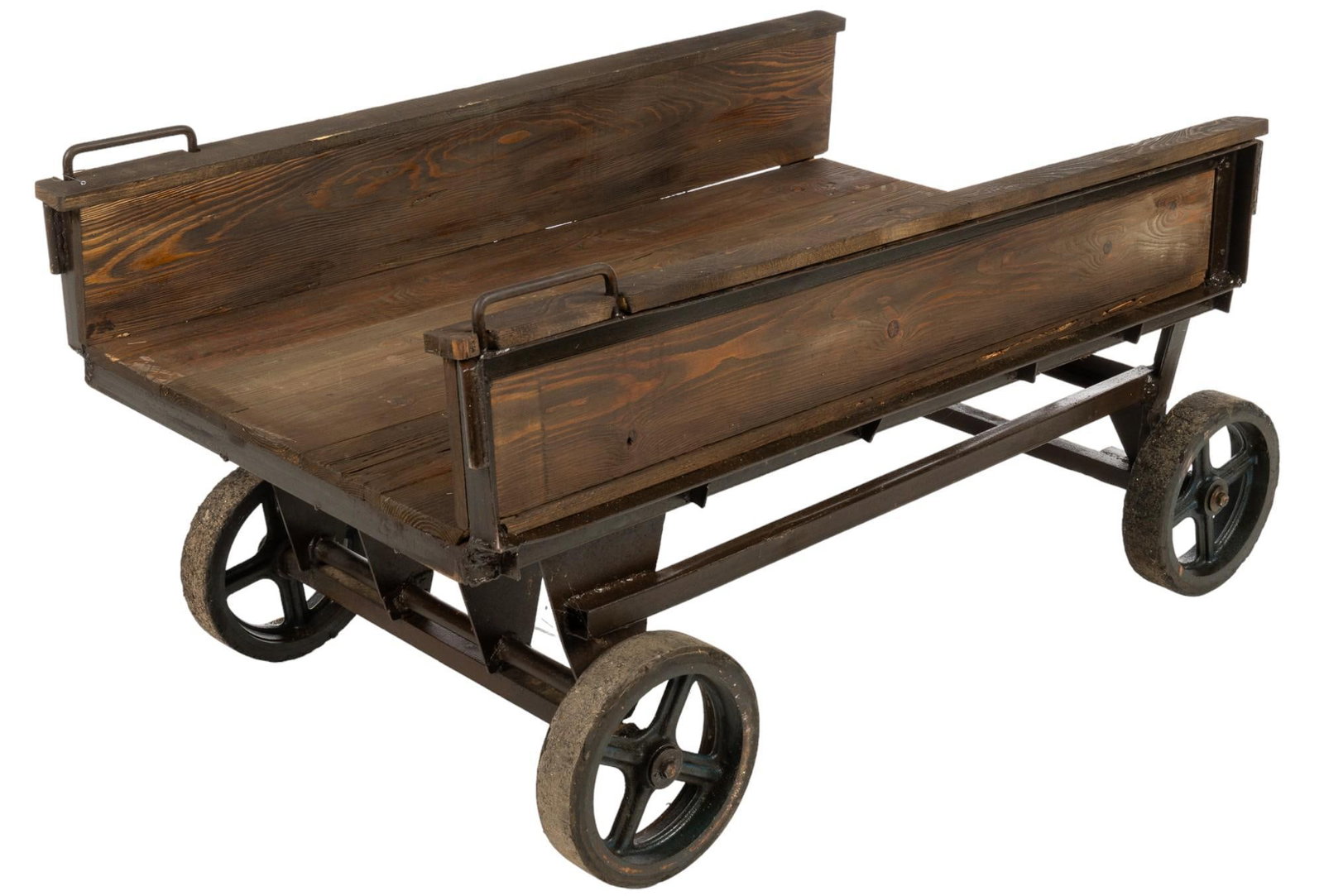 Wagon: Wooden beer wagon with iron hardware, and wheels, marked "Pilsner Urquell", a Czech Republican beer company height 26 in. x width 60 in. x depth 31 in. Shipping available for this lot through 