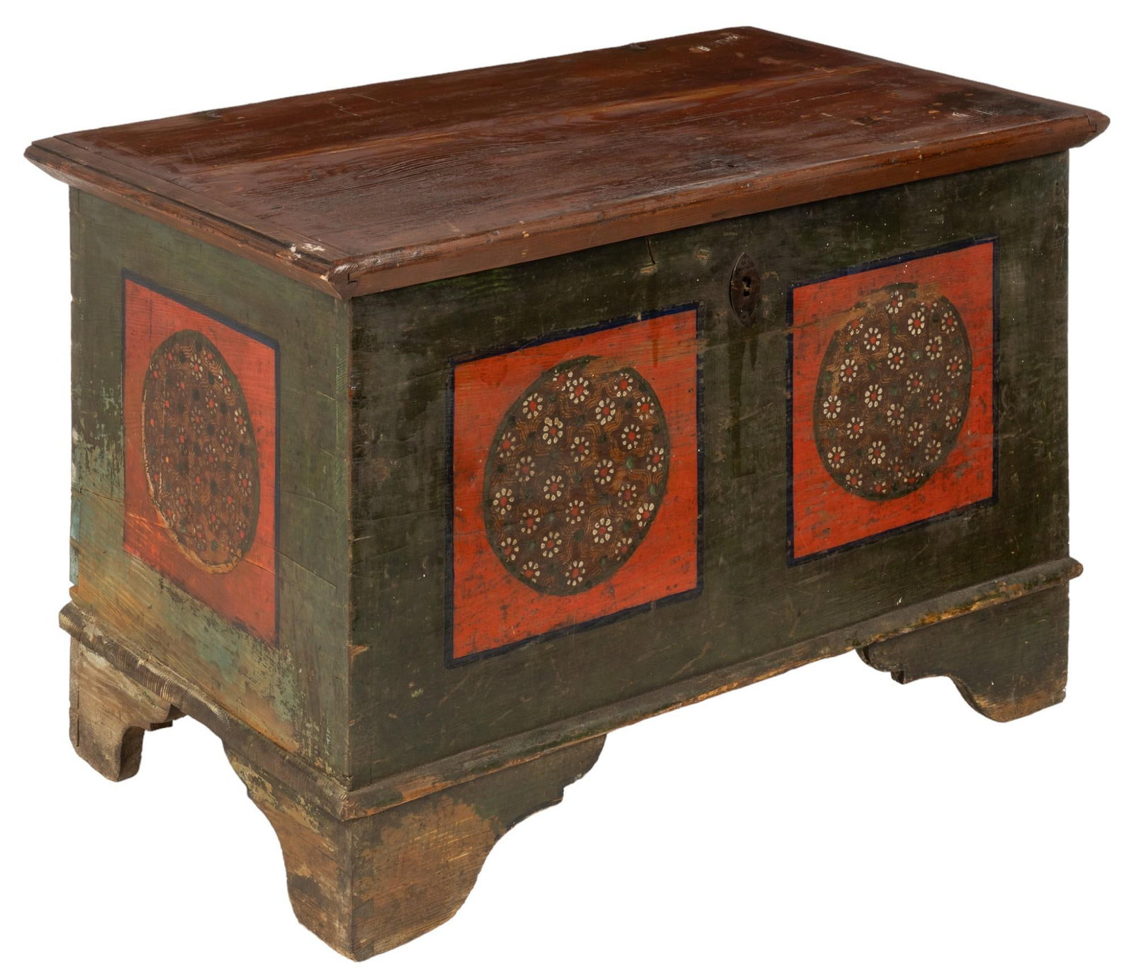 Painted Chest: Wooden chest with painted exterior featuring floral motifs, with hinged lid opening to internal storage, on carved planar legs height 27 in. x width 43 in. x depth 25 in. Shipping available for this l