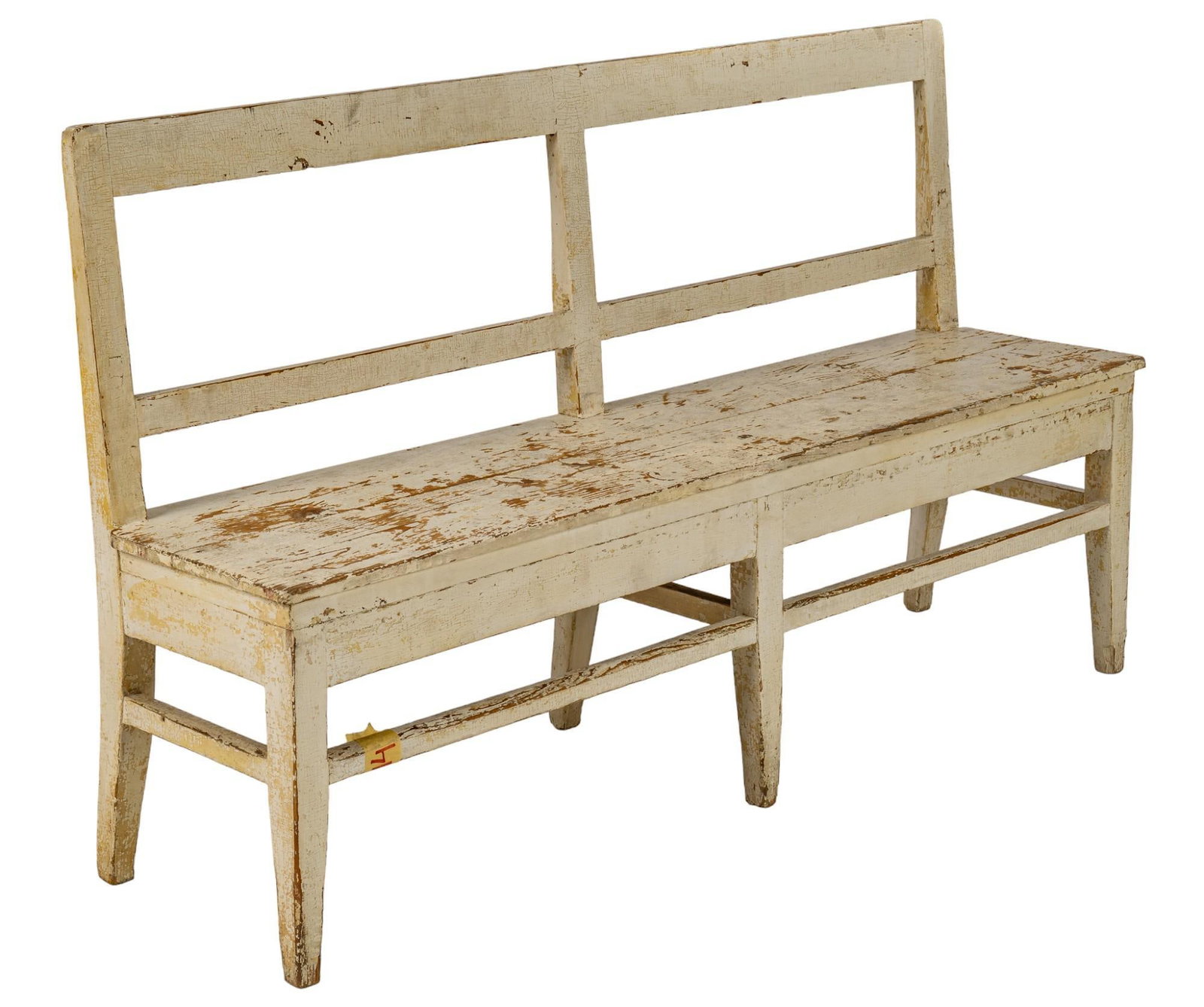 Rustic Bench: Rustic wooden bench supported on stretchered block legs, with white paint remnants height 35 in. x width 60 in. x depth 15 in. Shipping available for this lot through our partner 4CL; please request a