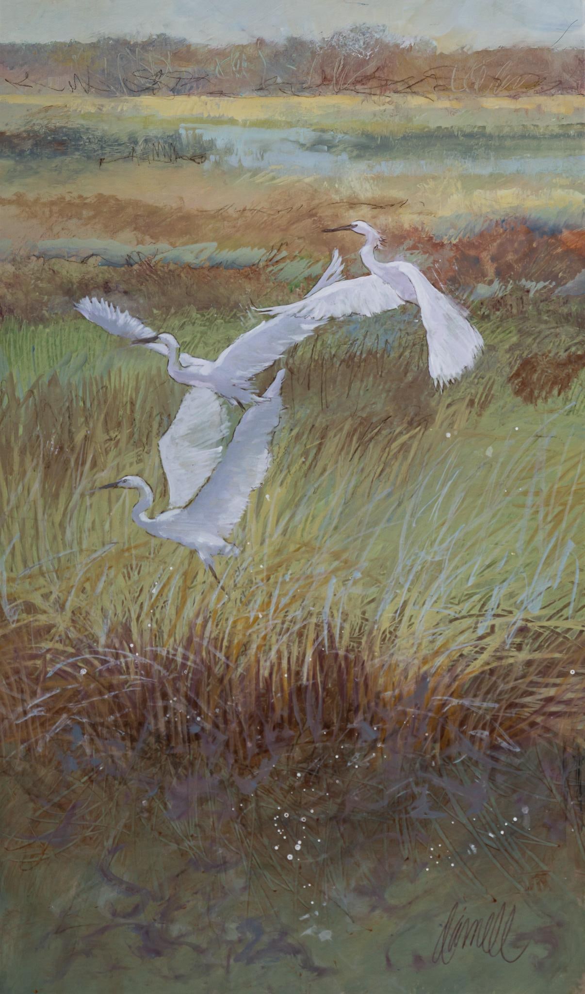Darnell Jones, Rockport Whooping Cranes: Darnell Jones (Rockport, Texas, b. 1971), Rockport whooping cranes, gouache and watercolor on paper sight: 28.5 x 16.5 in., frame: 41 x 29.5 in. Shipping available for this lot through our partner 4CL
