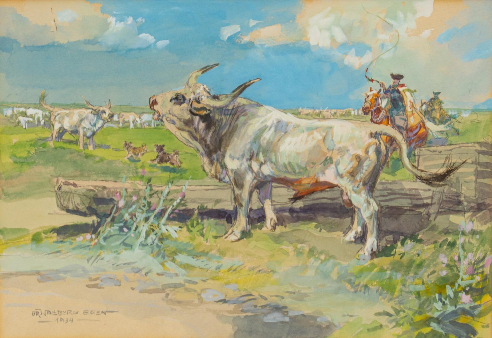 Egon Wallburg, Torreador Choosing Bull, 1934: Egon Wallburg, torreador choosing bull from the herd, 1934, watercolor and gouache on paper sight: 10 in. x 14 in., frame:19 in. x 23 in. Shipping available for this lot through our partner 4CL; pleas