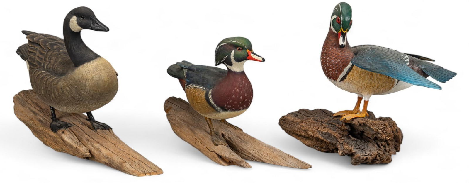 Collection of (3) Hand-Carved Wooden Duck Sculptures (1 of 10)