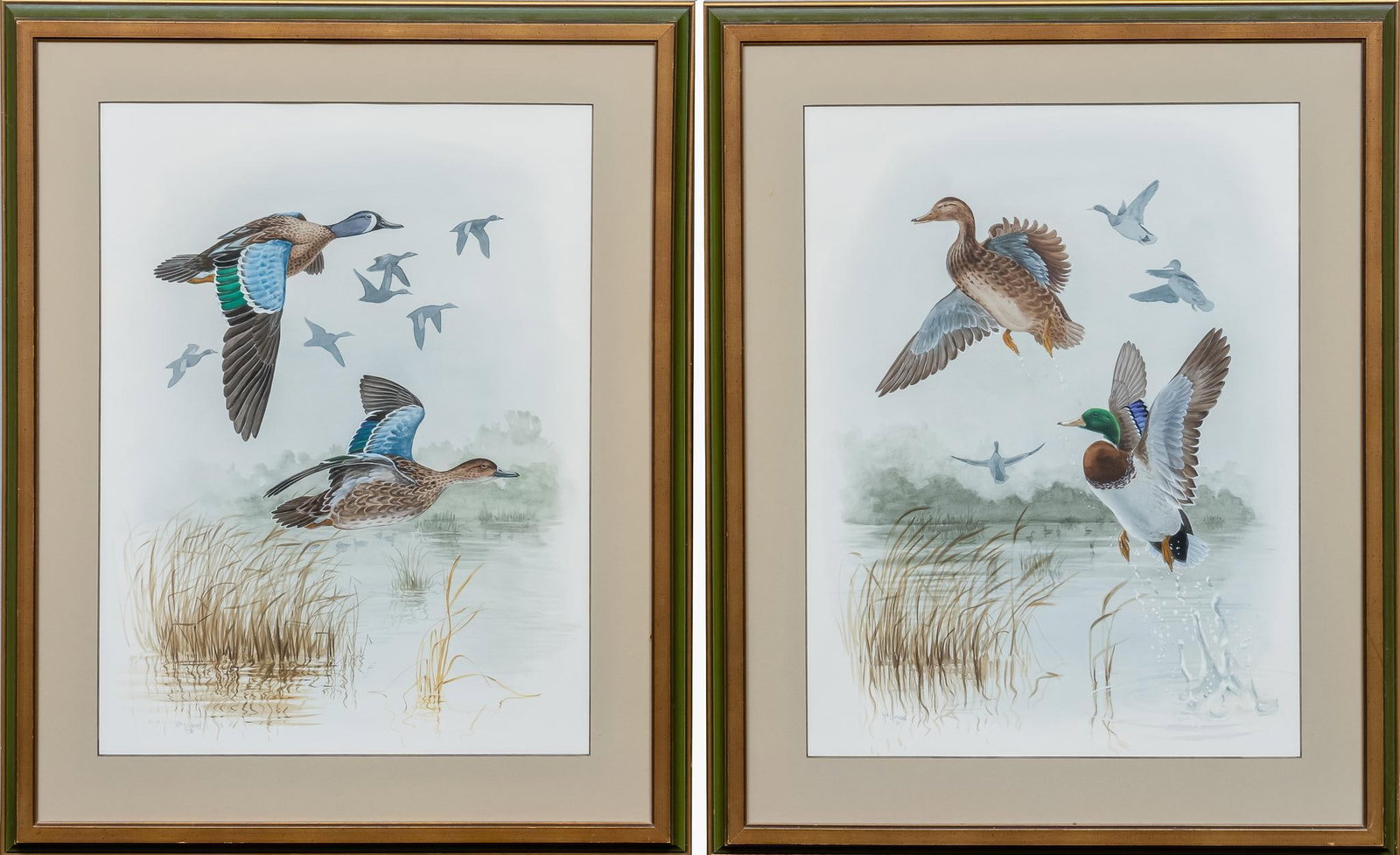 Nancy McGowan, Pair of Duck Scenes, 1970: Nancy McGowan, pair of duck scenes, to include "Bluewing Teals" and "Mallard Ducks", both 1970, watercolor sight:12 in. x 17 in., frame: 37 in. x 30 in. Shipping available for this lot