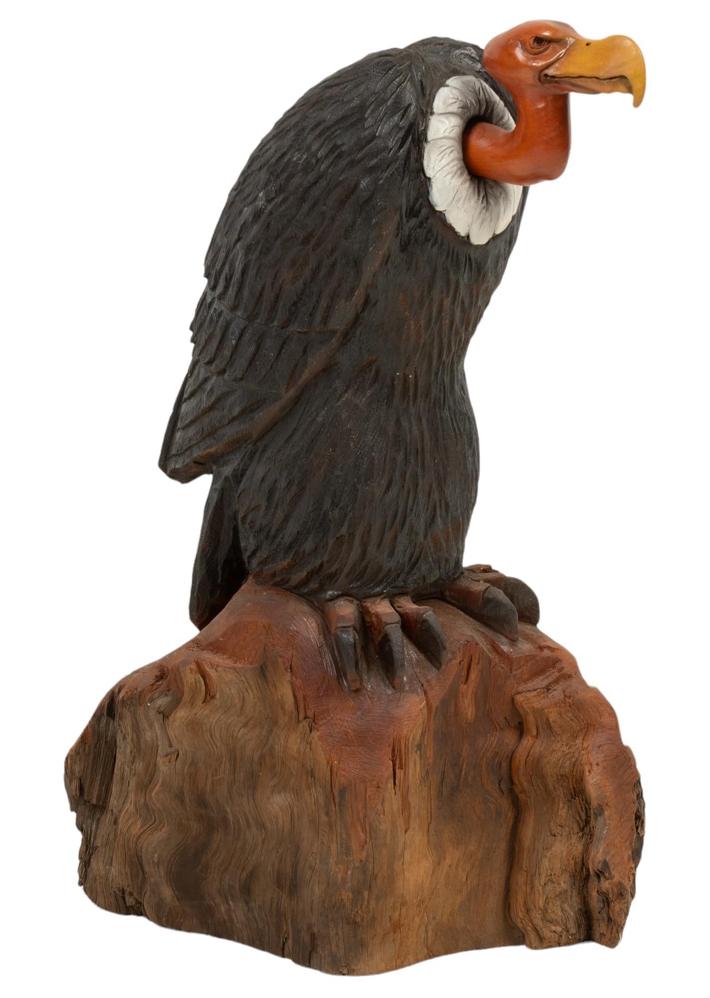 R. L. Blair, Vigilant Vulture, 1999: R. L. Blair (Texas, b. 1945), vigilant turkey vultur or buzzard perched on wooden base, 1999, hand-carved wooden sculpture Shipping available for this lot through our partner 4CL; please request a shi