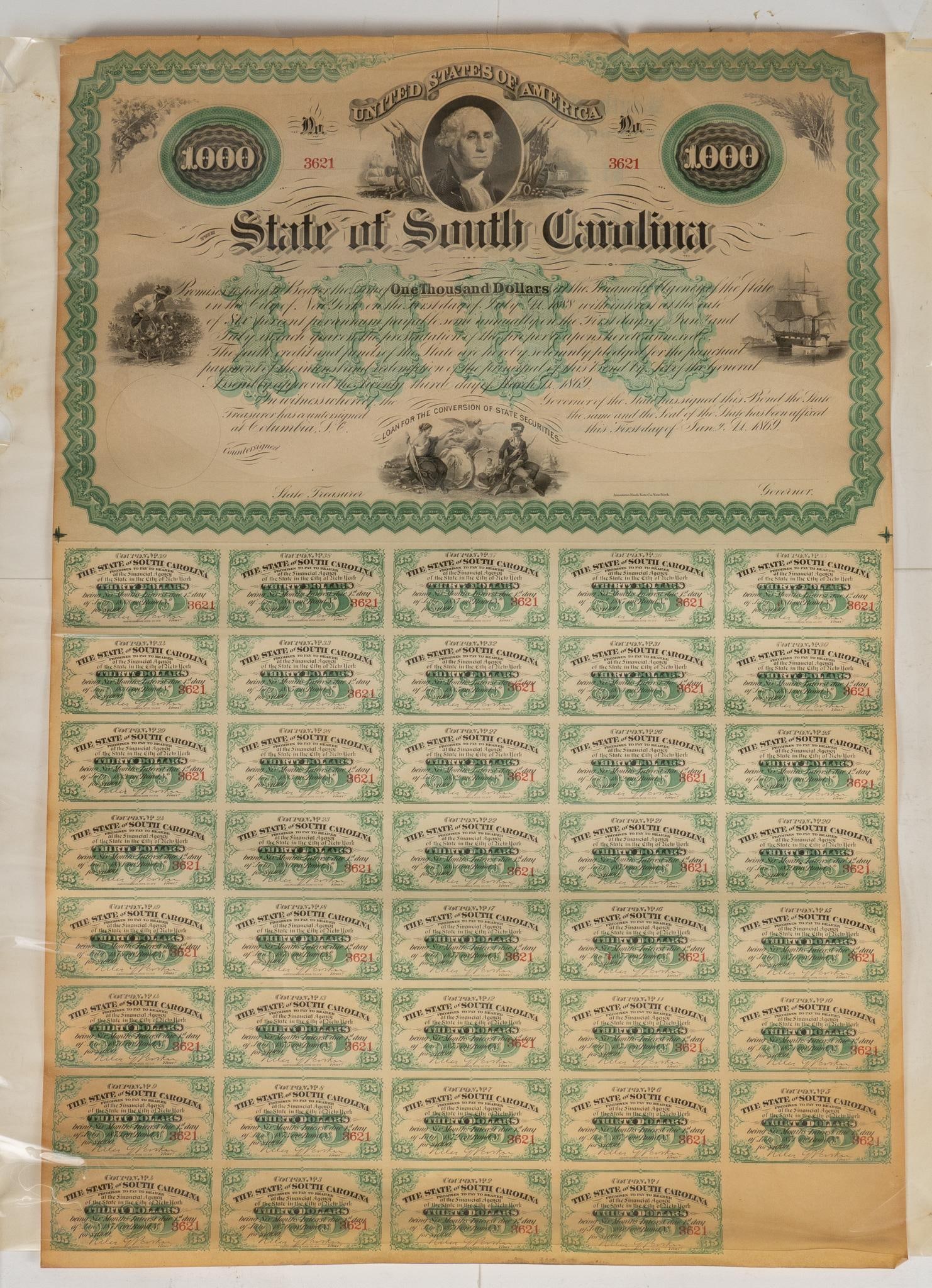 Roll of South Carolina Uncut Currency: Roll of South Carolina uncut currency, marked 3621 length 19 in. x width 13.5 in. Provenance: Property from the collection of a San Antonio, Texas gentleman Shipping available for this lot through our