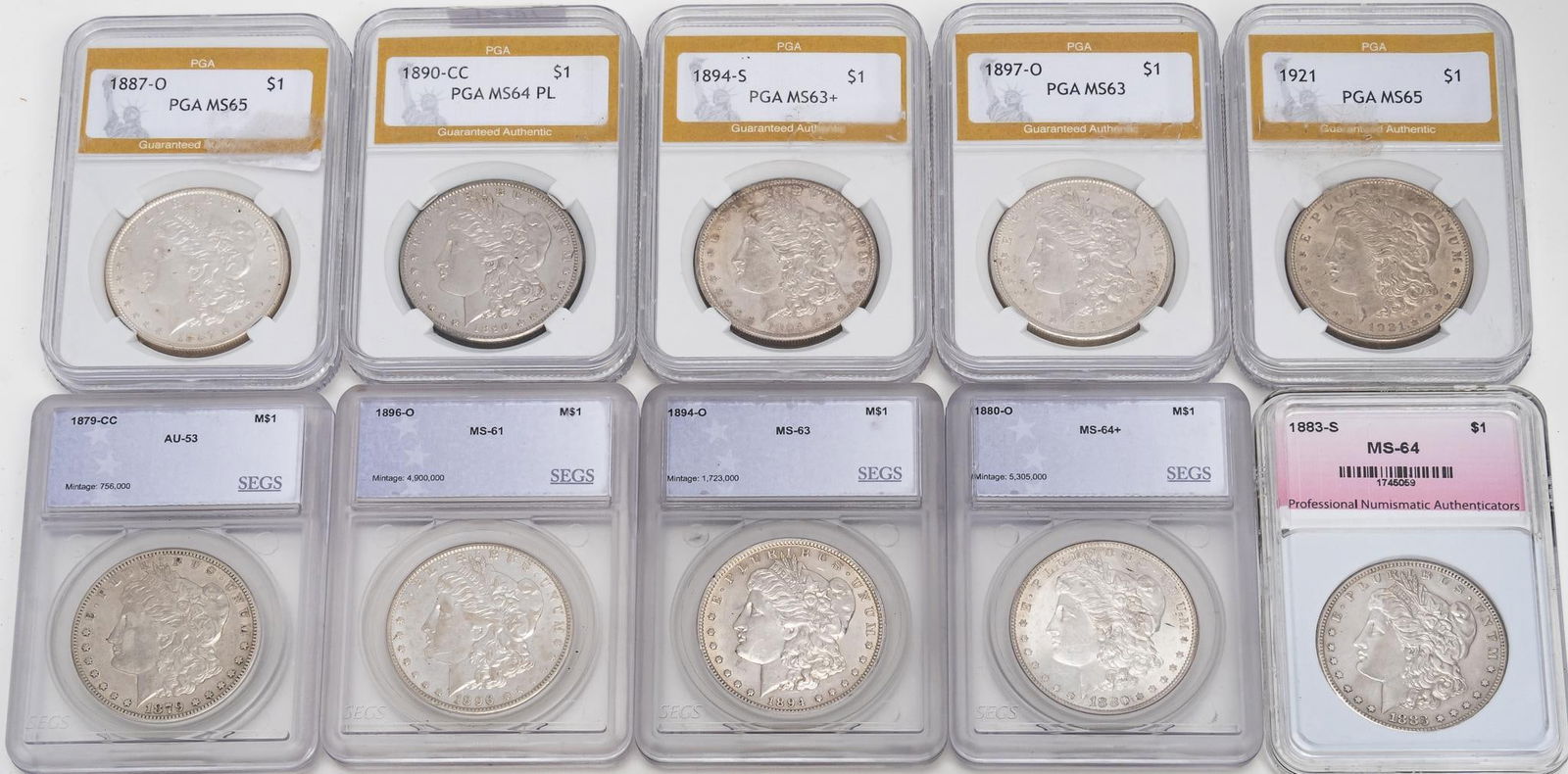 Set of (10) Graded Morgan Silver Dollars (1 of 8)