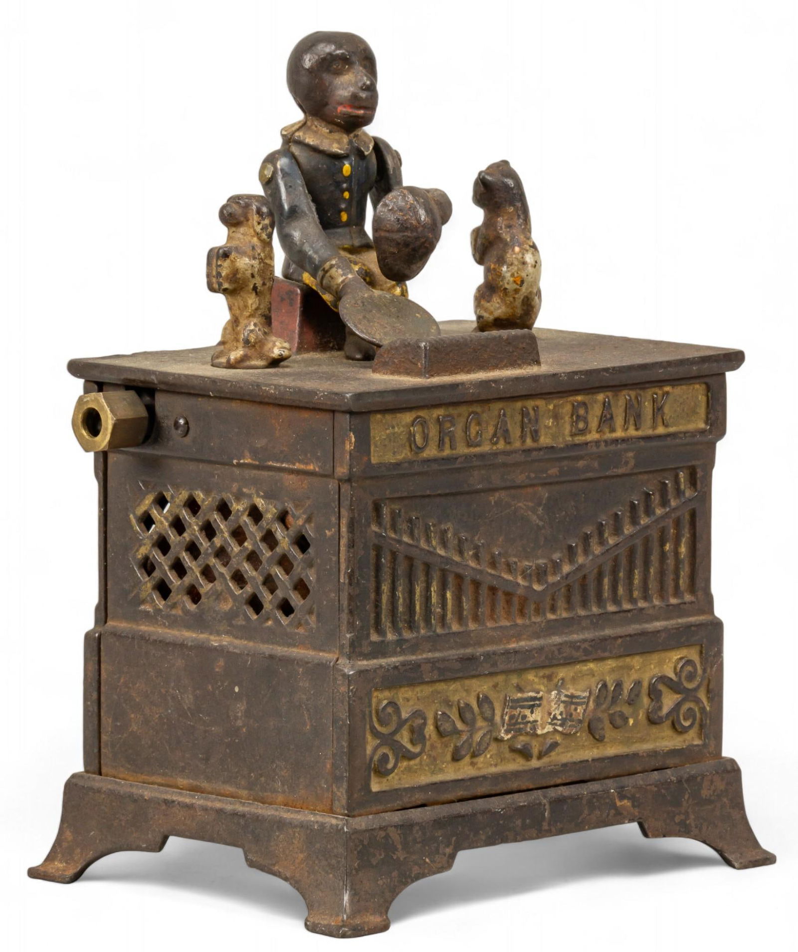 Organ Bank Mechanical Money Bank: Painted cast iron mechanical bank by Kyser & Rex (Frankfort, PA), organ bank, musical height 7.5 in. x width 5.5 in. x depth 4 in. Shipping available for this lot through our partner 4CL; please
