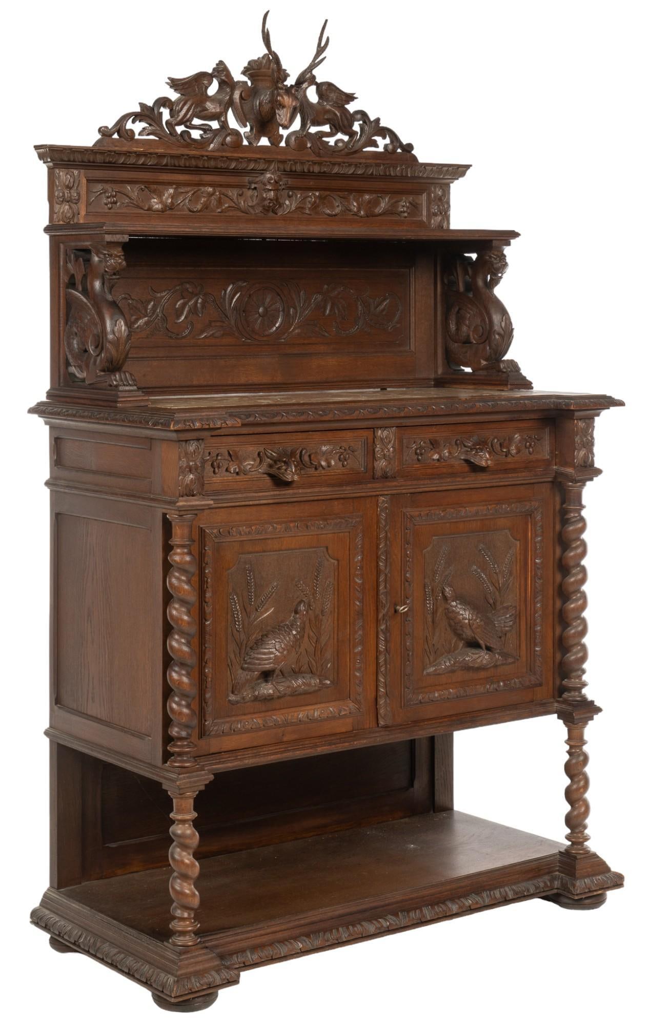 Louis XIII Hunting Cabinet: Louis XIII hunting cabinet featuring heavily carved gallery featuring animal and forest motifs, stone top inlay, two drawers with carved wood handles, lower cabinet with two carved doors opening to in