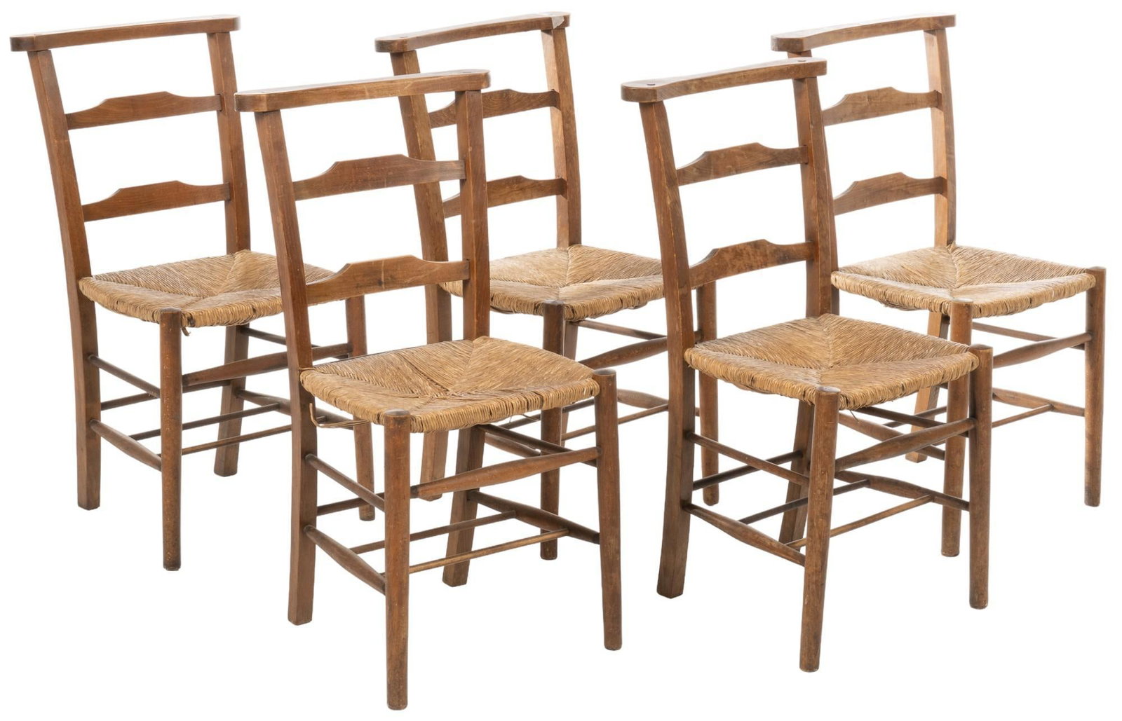 Set of (5) French Provincial Ladder Back Chairs: Set of five French provincial ladder back chairs featuring shapes slats, and woven thrush seats, supported on pin legs with H-frame stretchers height 33 in. x width 18 in. x depth 15 in. / each Shippi
