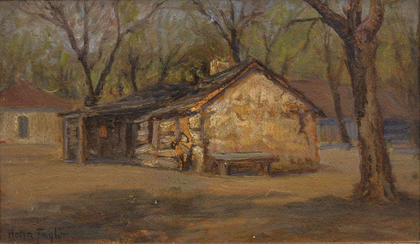 Rolla Sims Taylor, Texas Log Cabin: Rolla Sims Taylor (Texas, 1872-1970), Texas log cabin and trees, oil on canvas panel sight: 8 in x 14 in.; frame: 12 in. x 18 in. Shipping available for this lot through our partner 4CL; please requ