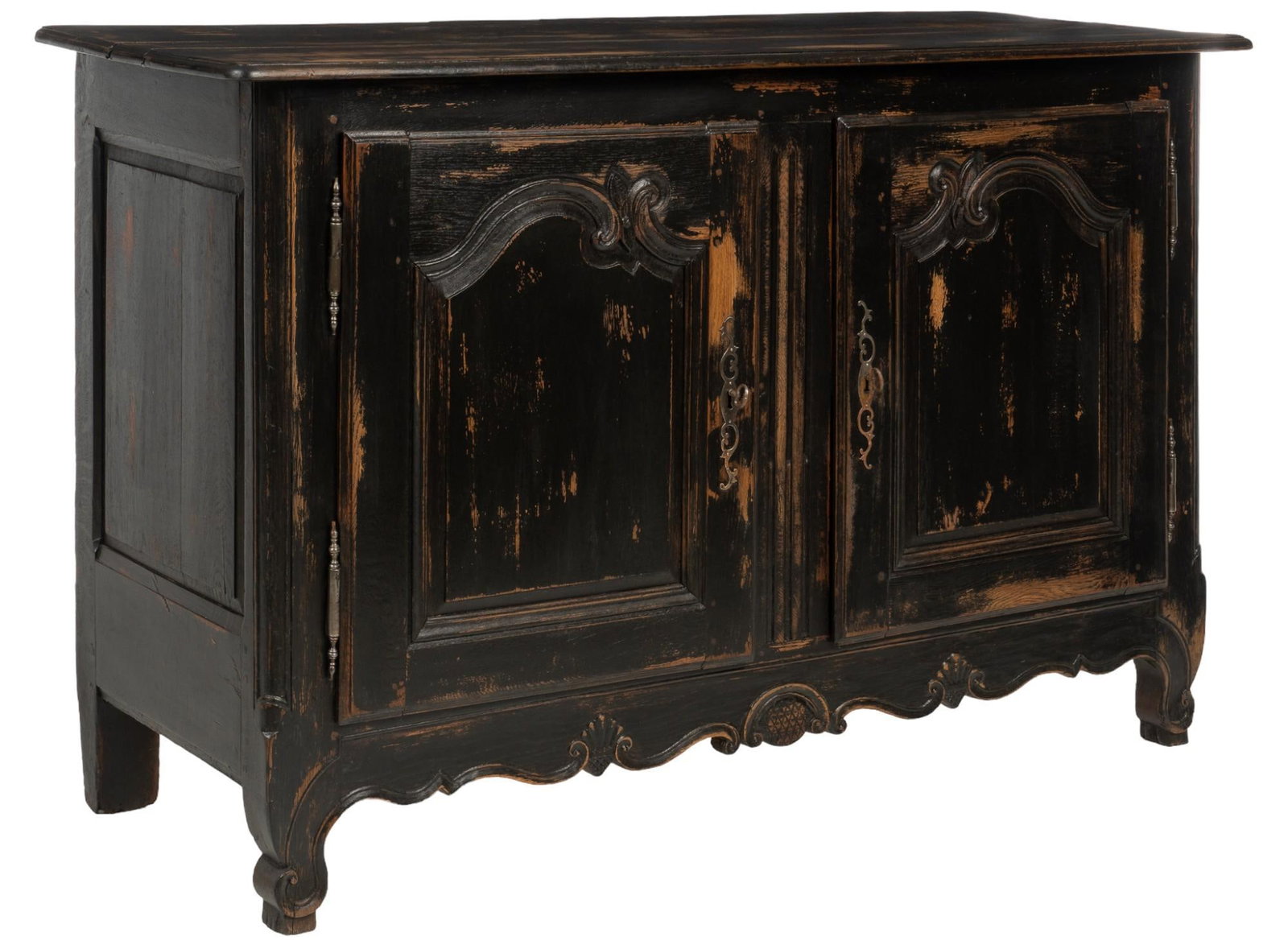 Louis XV Style Buffet: Louis XV style wooden buffet featuring oversize counter over pair of paneled cabinet doors with scrolled design, and metal escutcheons, opening to interior storage space with single shelf, over carved