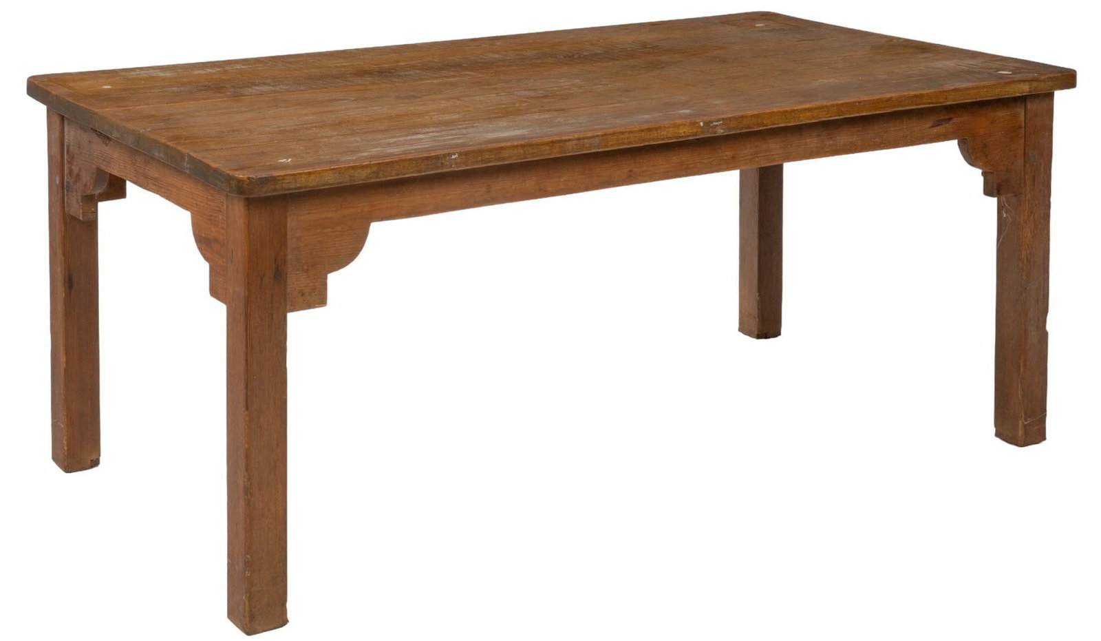 Farmhouse Dining Table: Farmhouse dining table on block legs height 29 in. x width 72 in. x depth 36 in. Shipping available for this lot through our partner 4CL; please request a shipping quote at shipping@vogtauction.co