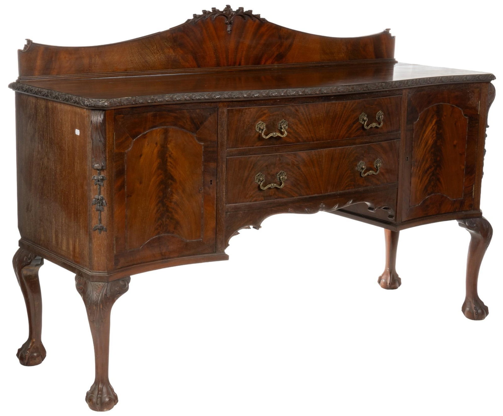 Chippendale Style Ball and Claw Sideboard: Chippendale style ball and claw sideboard wooden buffet featuring gallery with carved crest, serpentine front with pair of stacked drawers with metal pulls, flanked by concave cabinet doors, and carve