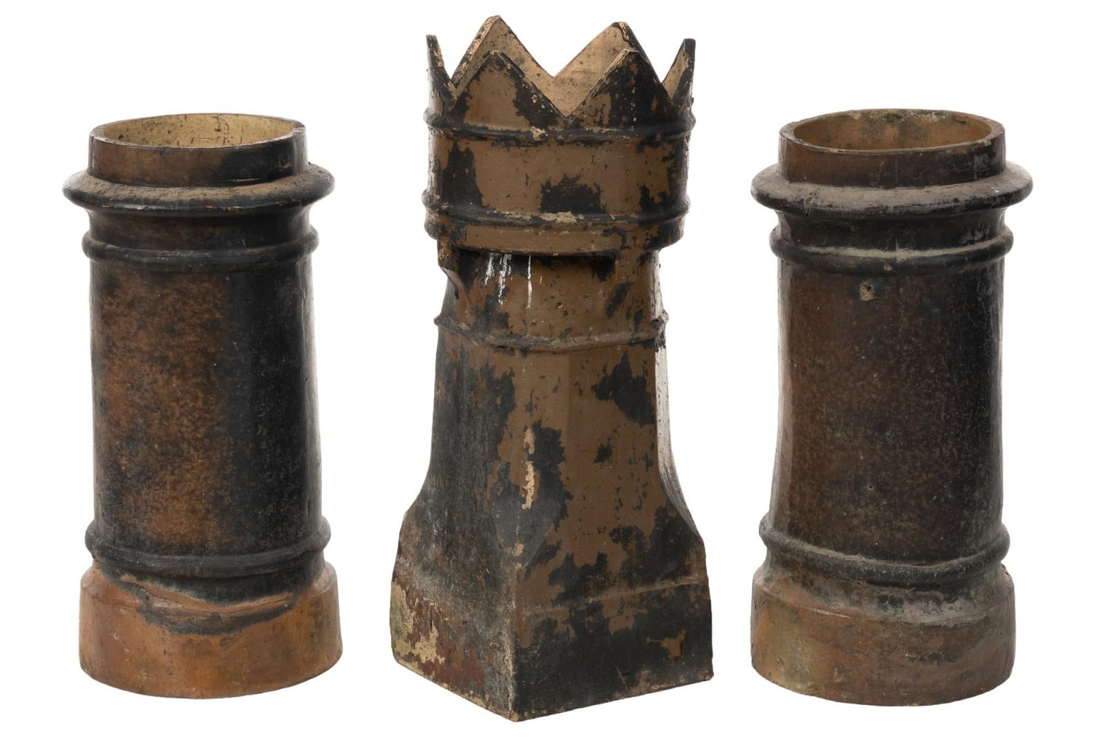 Pair of Chimney Stacks: Pair of chimney stacks, hollow terracotta with black painted accents height 26 in. x width 13.5 in. x depth 13.5 in Shipping available for this lot through our partner 4CL; please request a shipping q