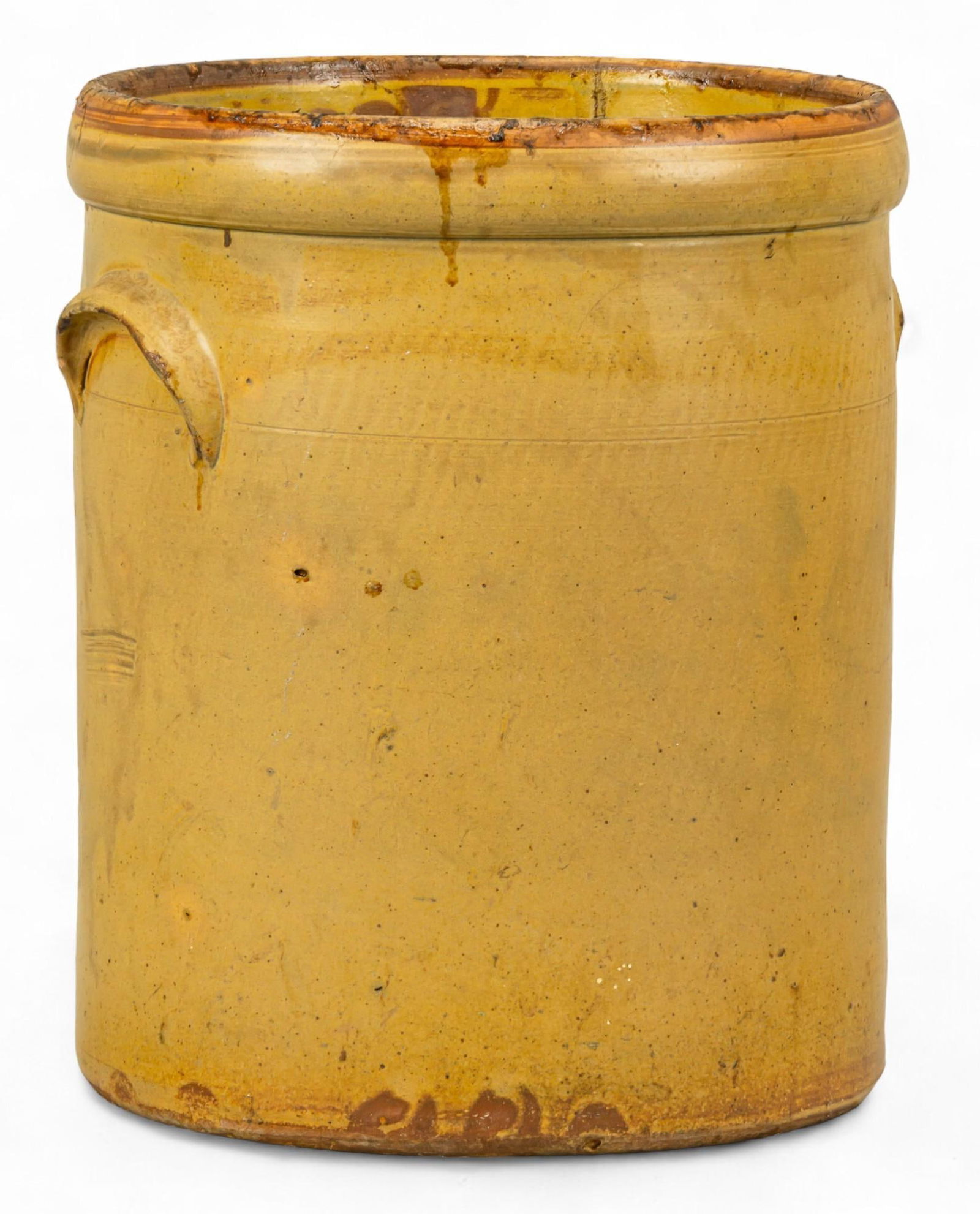 Stoneware Crock: Stoneware crock with integrated handles, and Leon glazing height 14 in. x width 12 in. x depth 12 in. Shipping available for this lot through our partner 4CL; please request a shipping quote at sh