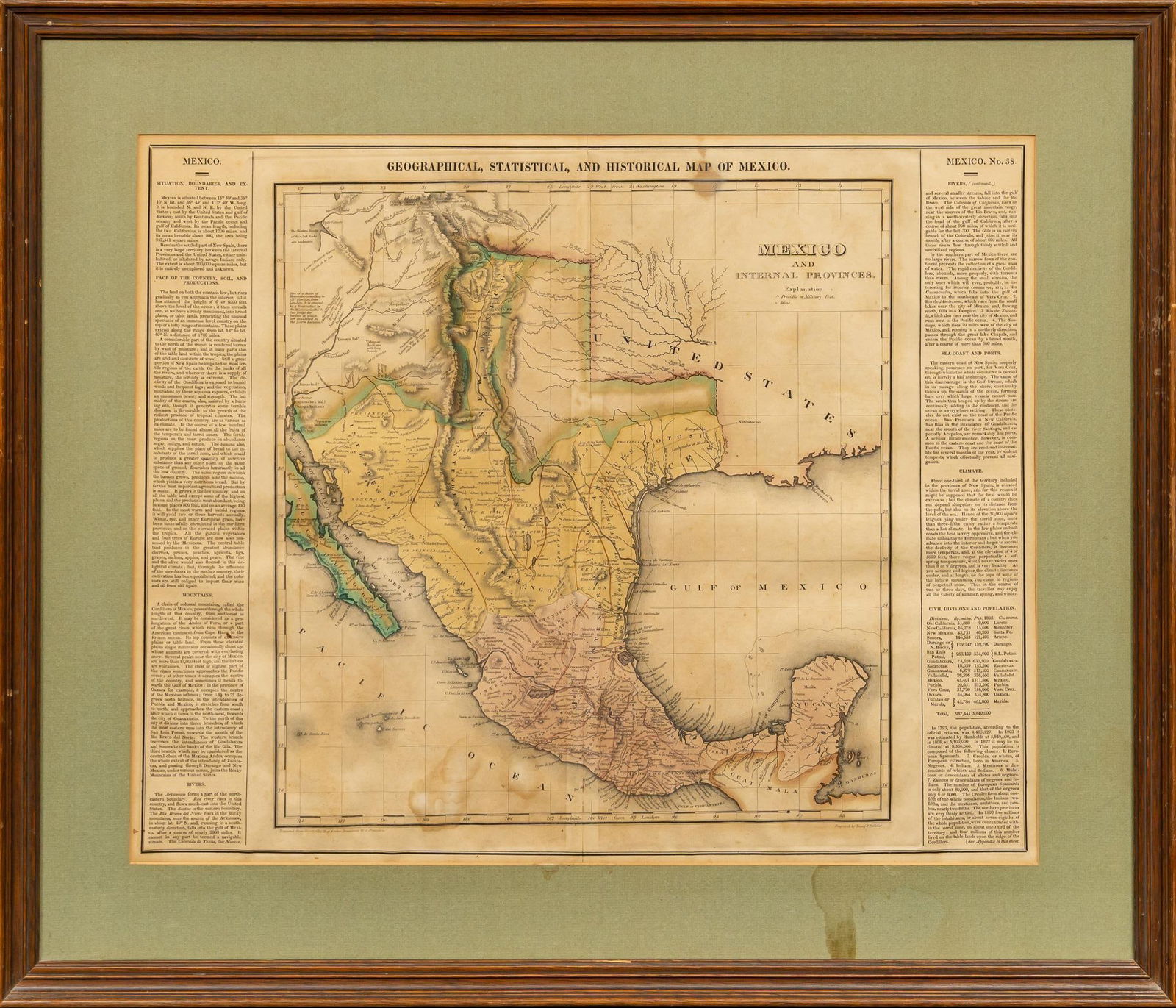 Framed Map of Mexico and Internal Provinces: Framed map of Mexico and internal provinces, hand colored sight: 17 in. x 21 in.,frame: 23.5 in. x 27.5 in. Shipping available for this lot through our partner 4CL; please request a shipping quote