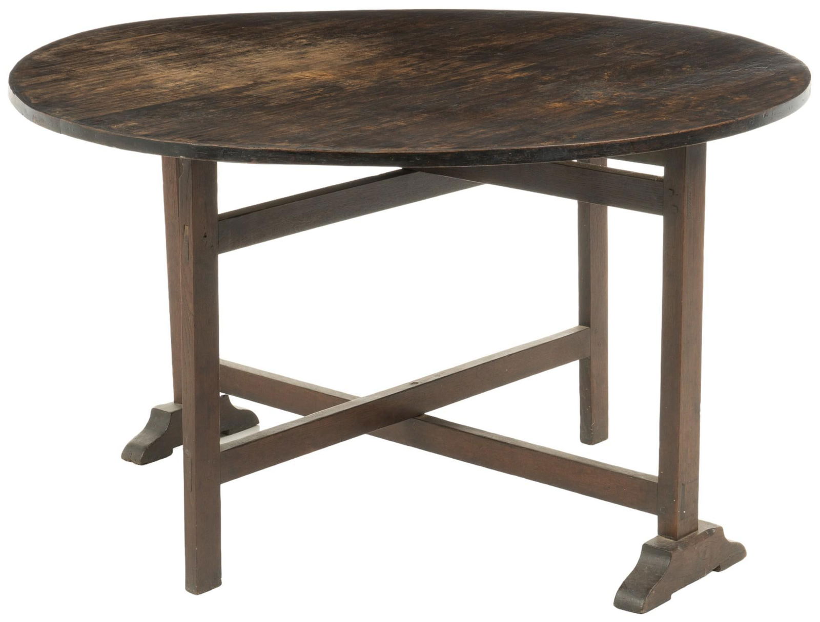 Wine Tasting Tilt-Top Table: Wine tasting tilt-top table, folds down, on stretchered block legs height 27.5 in. x width 45 in. x depth 45 in. Shipping available for this lot through our partner 4CL; please request a shipping q