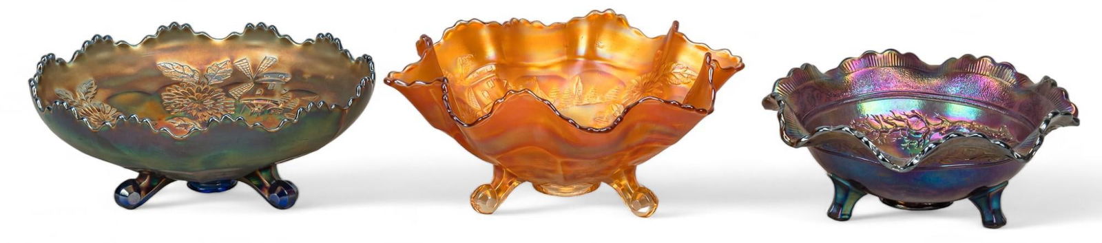 Set of (3) Carnival Glass Footed Bowls (1 of 10)
