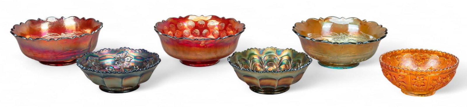 Collection of (6) Carnival Glass Bowls: Collection of six iridescent carnival glass bowls, includes five Fenton (West Virginia, USA) bowls, two red and green bowls with matching grape and cable motif, one red bowl with coin dot motif, one g