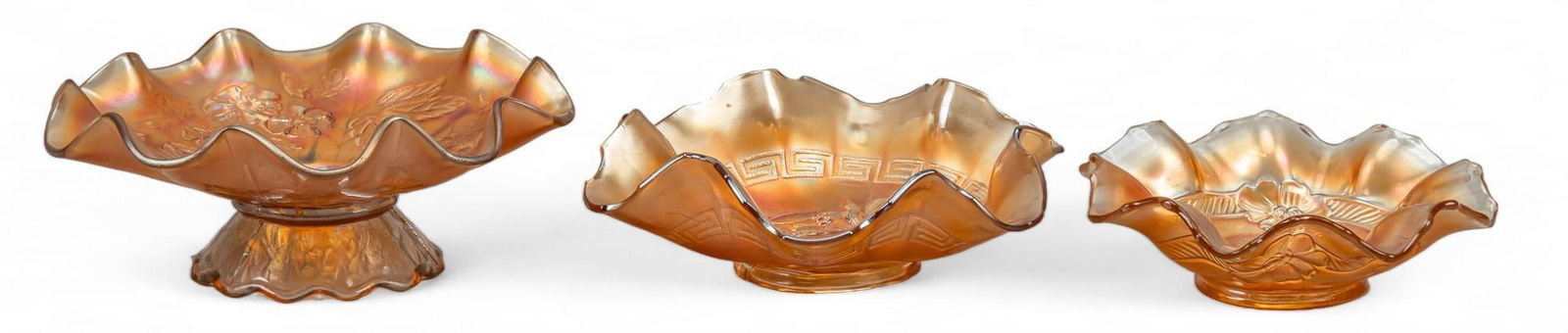 Set of (3) Dugan-Diamond Marigold Carnival Glass Bowls (1 of 9)