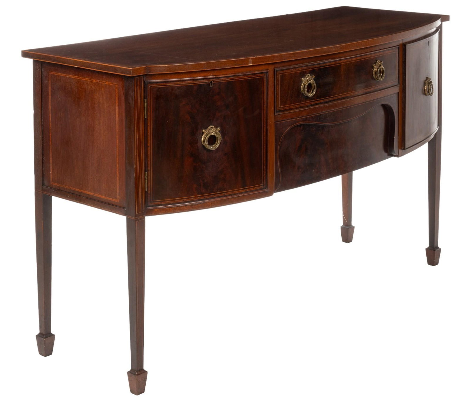 Hepplewhite Mahogany Inlaid Sideboard: Hepplewhite mahogany inlaid sideboard featuring on central drawer with metal pulls, two side cabinets with metal pulls, on block legs height 35.5 in. x width 60 in. x depth 24 in. Shipping available f