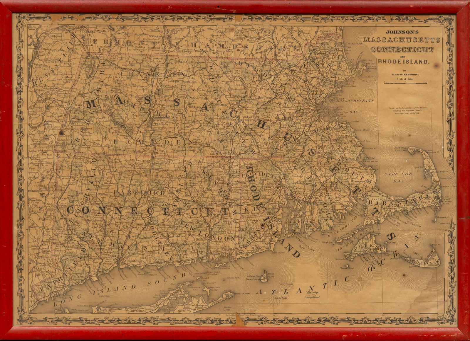 Framed Map of Johnson's Massachusetts, Connecticut and Rhode Island (1 of 3)