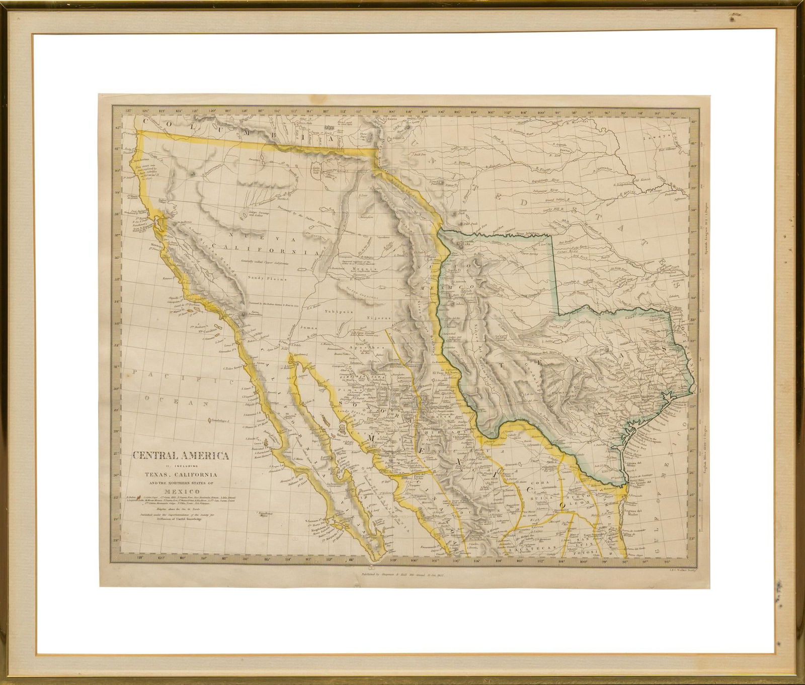 1812 Framed Map of Central America: 1812 framed map of Central America including Texas, California, and Southern States of Mexico, hand colored sight: 13 in. x 16 in.,frame: 18 in. 21 in. Shipping available for this lot through our p