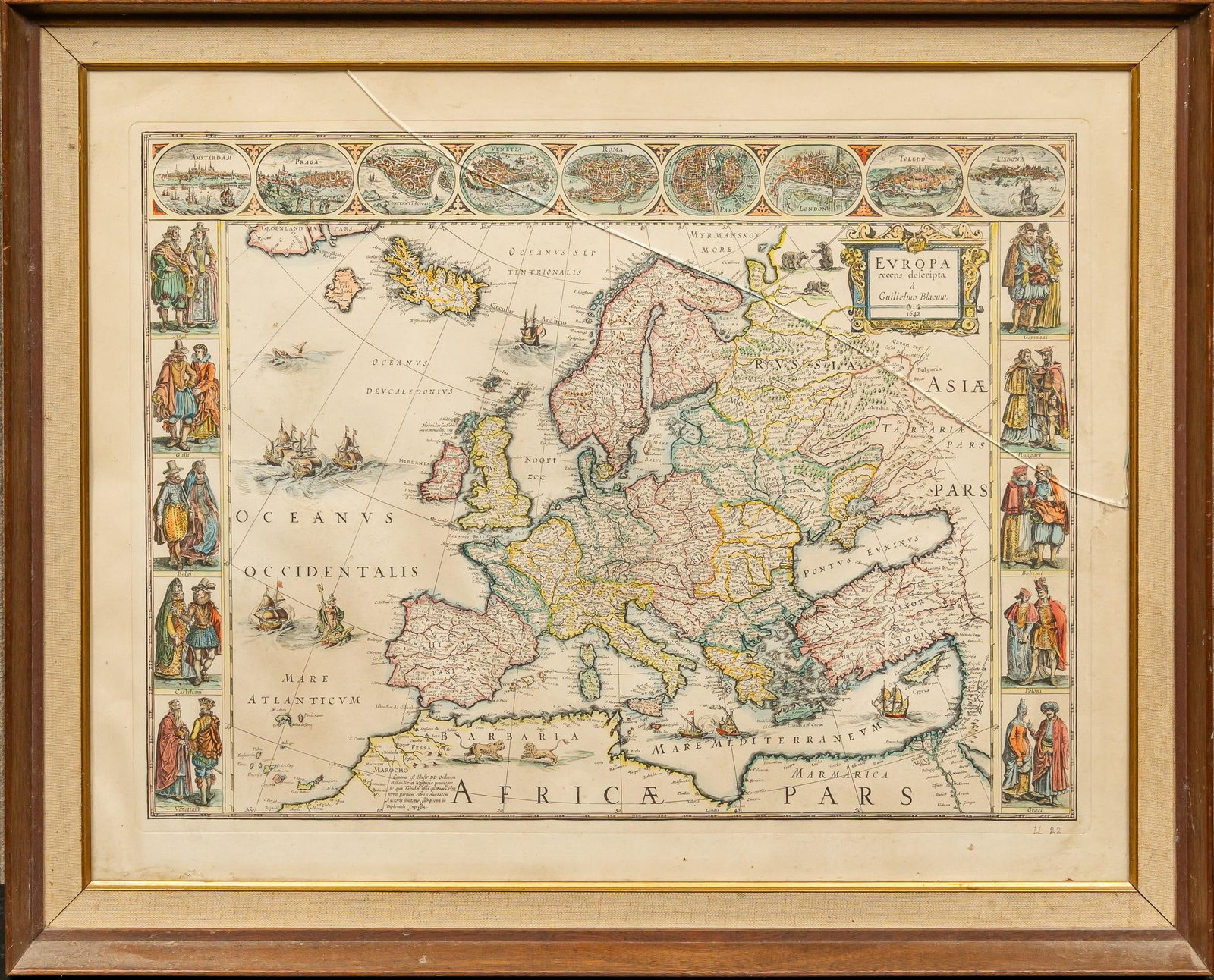 Map of 1642 Europe: Hand-colored map of 1642 Europe, spanning from the edge of Greenland to borders of Africa and Asia, with border featuring illustrations of persons and dress from various countries, framed under glass 
