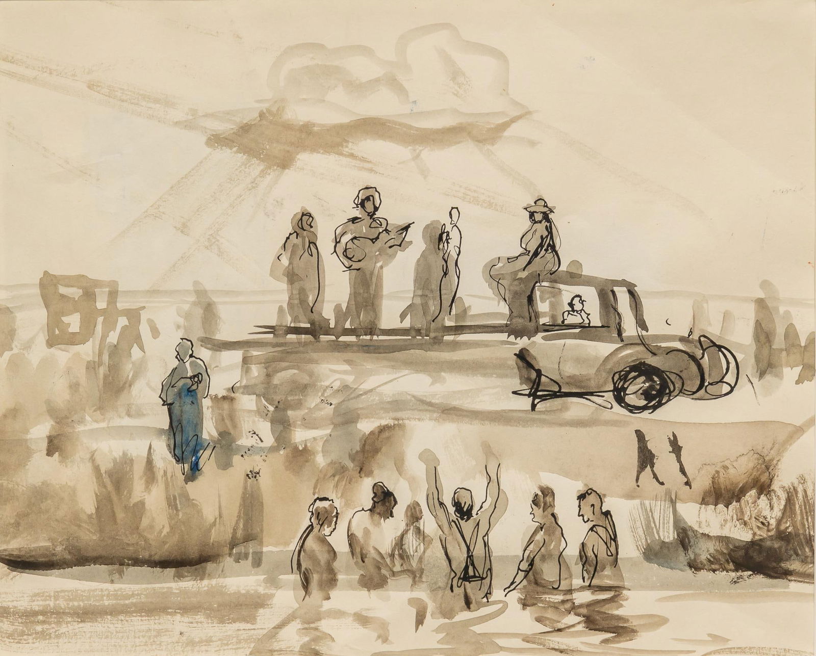 Peter Hurd "Study For Baptism at Three Wells" Ink on Wash (1 of 6)