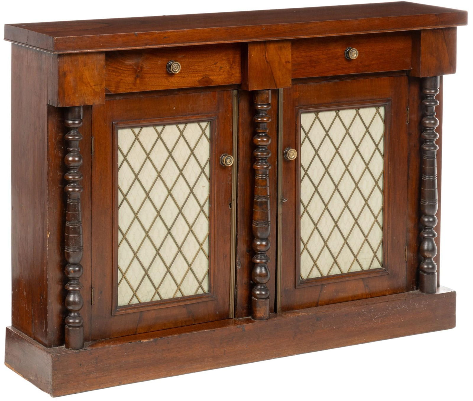 Regency Chiffonier Cabinet: Regency chiffonier cabinet featuring pair of drawers with metal pulls over two glass doors with fabric lining and cross hatched metal grate, flanked by turned accents, opening to interior storage with