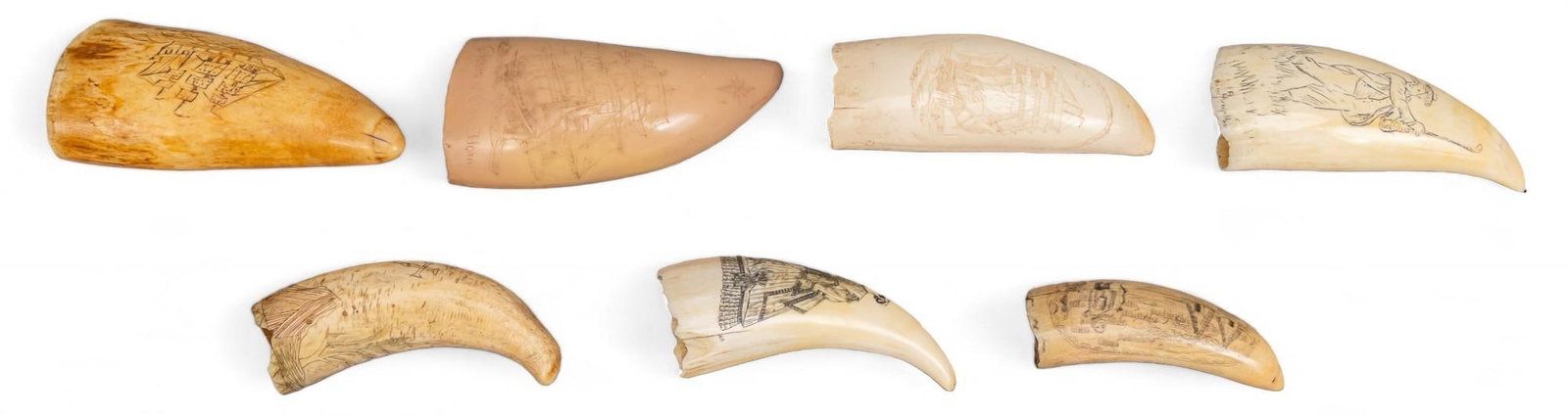 Set of (7) Scrimshaw Crafts: Set of seven scrimshaw crafts, each with engraved ship drawings height 2 in. x width 5.5 in. x depth 3 in. Shipping available for this lot through our partner 4CL; please request a shipping quote at s