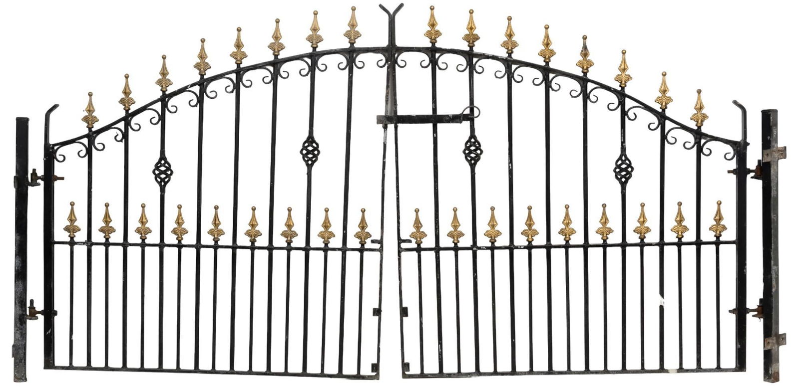 Pair of Wrought Iron Gates: Pair of wrought iron gates with scrolled and twisted motifs, with gold-toned finials height 51 in. x width 51 in. x depth 2 in. / each gate combined width 102 in. Shipping available for this lot th