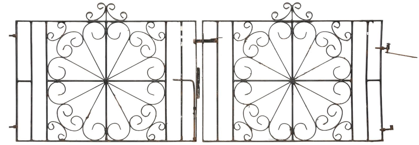 Pair of Wrought Iron Gates: Pair of wrought iron gates with scrolled motifs height 41 in. x width 56 in. x depth 7 / each gate combined width 102 in. Shipping available for this lot through our partner 4CL; please request a sh