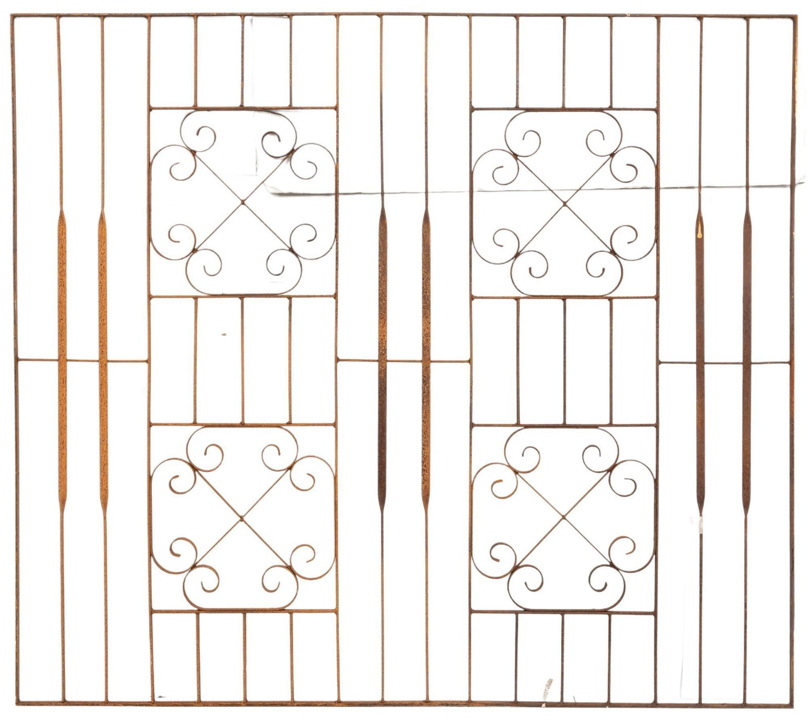 Wrought Iron Gate: Pair of wrought iron gate with scrolled motifs height 60 in. x width 67.5 x depth 1 in. Shipping available for this lot through our partner 4CL; please request a shipping quote at shipping@vog