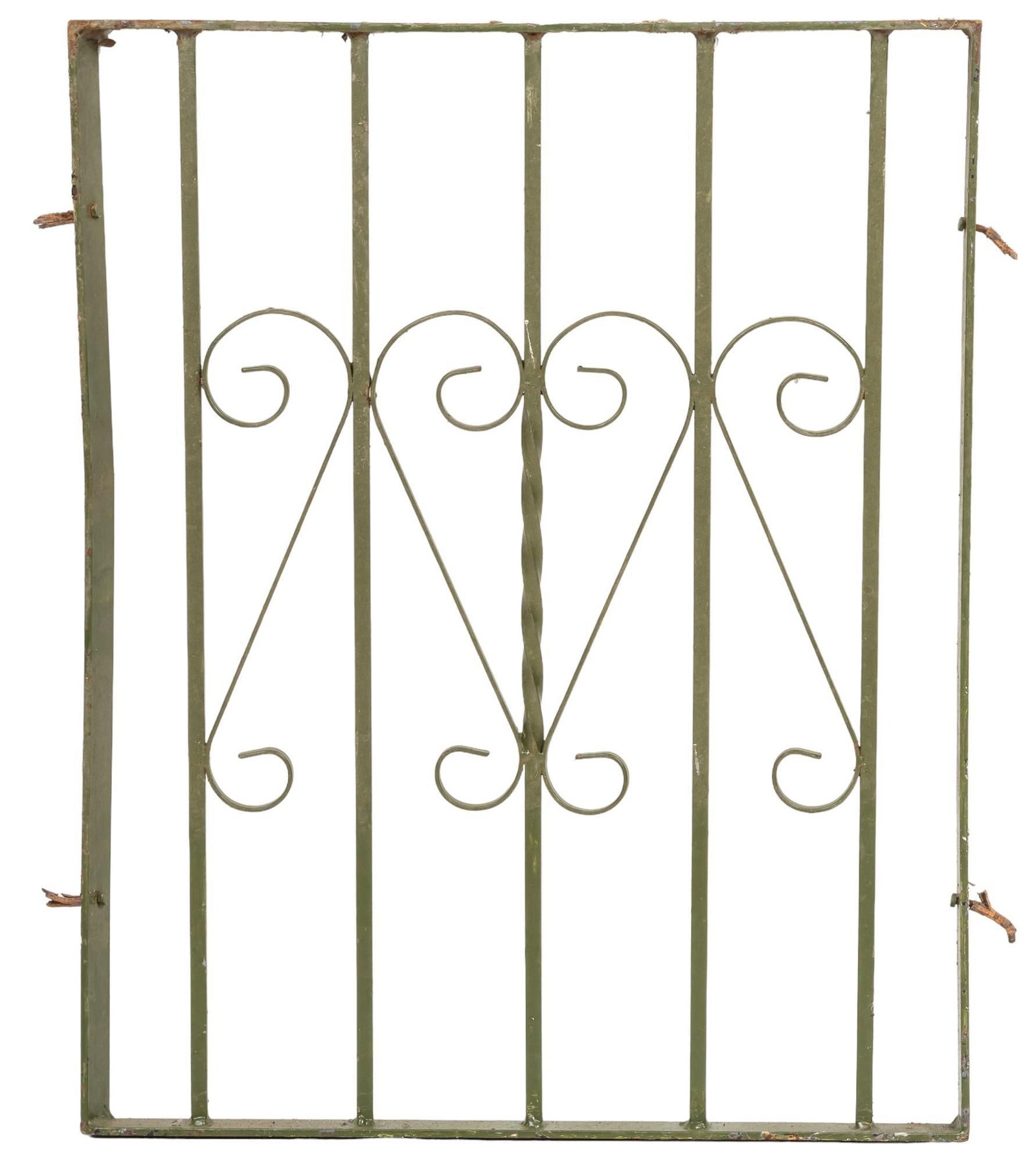 Iron Garden Gate: Iron garden gate with scrolled motifs, and green paint height 33 in. x width 29.5 in. x depth 1.5 in. Shipping available for this lot through our partner 4CL; please request a shipping quote at shippi