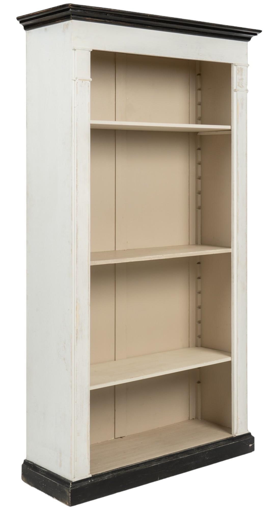 Bookshelf: Wooden bookshelf featuring crown molding, and three shelves, with white, and black paint height 85.5 in. x width 48 in. x depth 17 in. Shipping available for this lot through our partner 4CL; please r