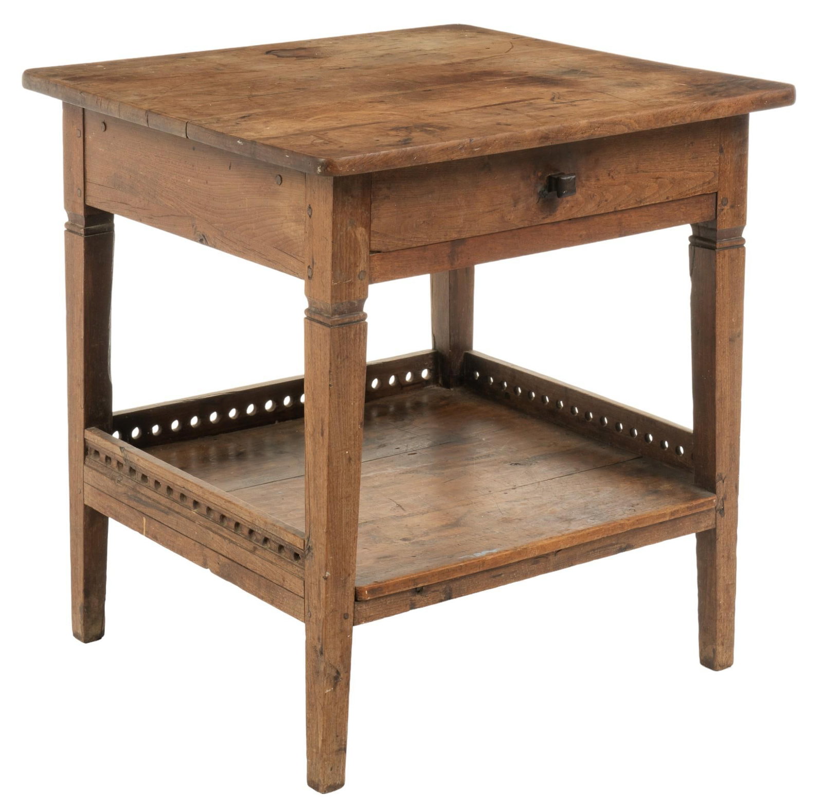 Wooden Bedside Table: Wooden bedside table featuring one drawer with built in storage spaces, lower level shelf, on block legs height 32 in. x width 30 in. x depth 28 in. Shipping available for this lot through our partner