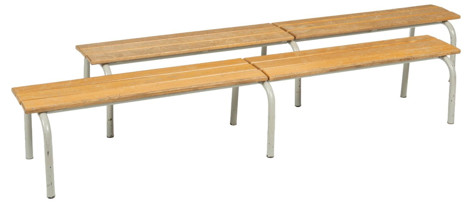Pair of Benches: Pair of benches with wooden panel seats, supported on mental legs height 13.5 in. x width 79 in. x depth 15.5 in. Shipping available for this lot through our partner 4CL; please request a shipping quo