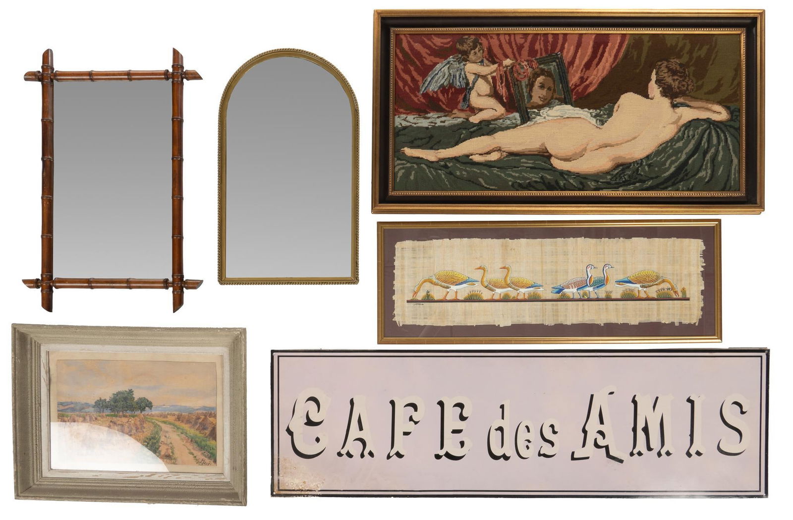 (6) Wall Hangings: Collection of six wall hangings, includes mirror with stained bamboo frame, one mirror with arched wooden frame, one needlepoint tapestry featuring reclining feminine nude, one framed tapestry with sc