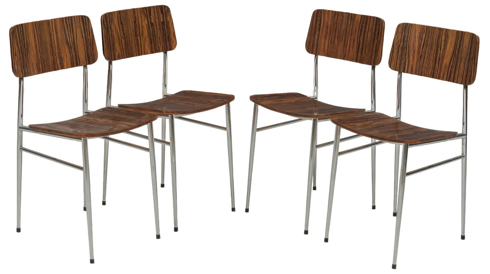 Set of (4) Faux Wood and Metal Chairs: Set of four chairs with faux wood finish on backrest and seat, and metal frame height 30.5 in x width 15 in. x 16 in. Shipping available for this lot through our partner 4CL; please request a shipping