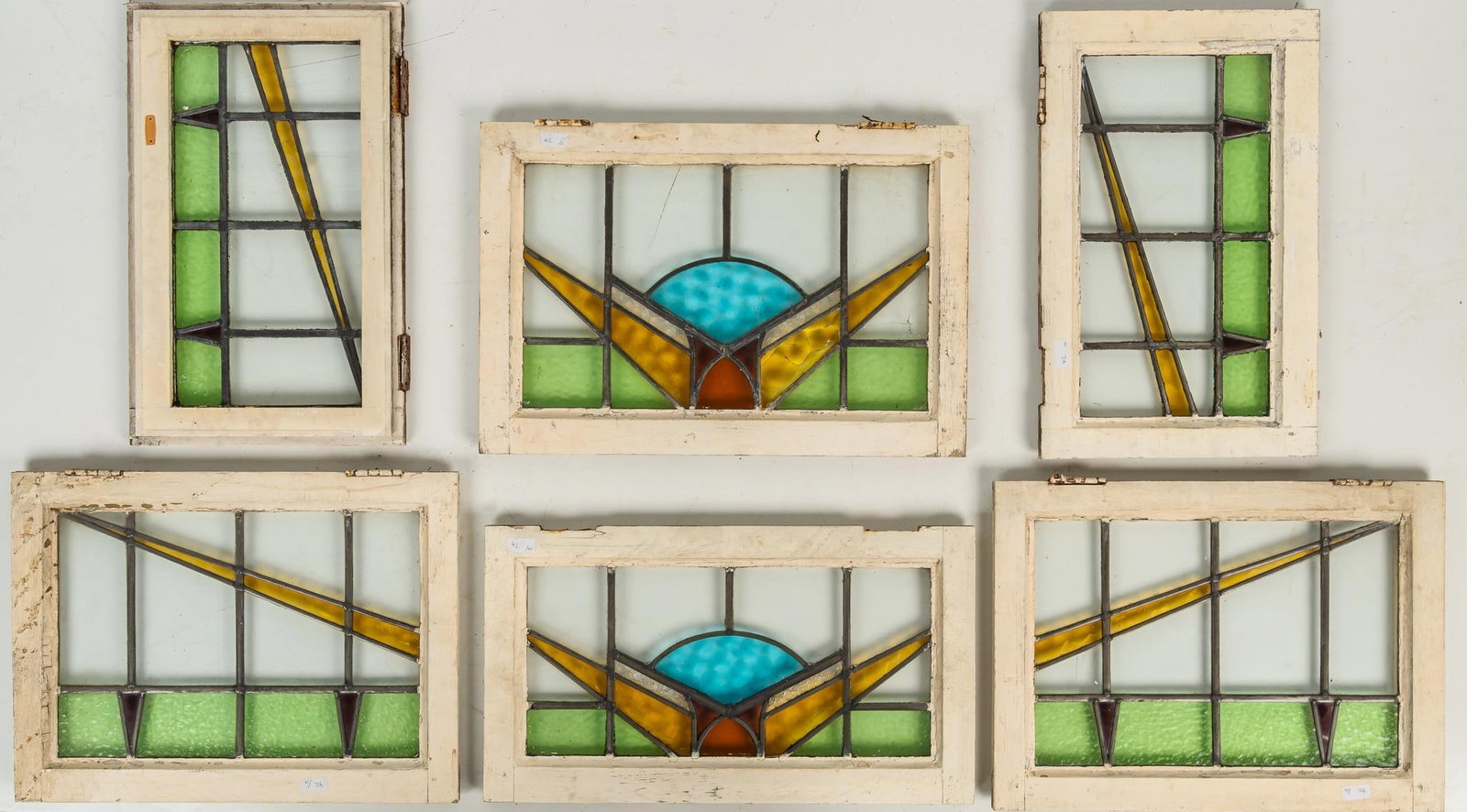 Set of (6) Stained Glass Panels: Set of six stained glass panels, on wood frames height 24 in. x width 15 in. x depth 2 in. Shipping available for this lot through our partner 4CL; please request a shipping quote at shipping@vogt