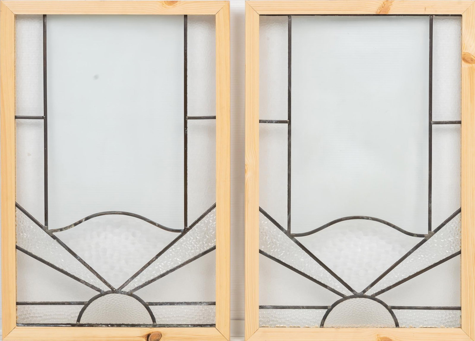 Pair of Leaded Glass Panels: Pair of leaded glass panels, in wooden frames height 21 in. x width 31 in. x depth 1.5 in. / each Shipping available for this lot through our partner 4CL; please request a shipping quote at shipping&#