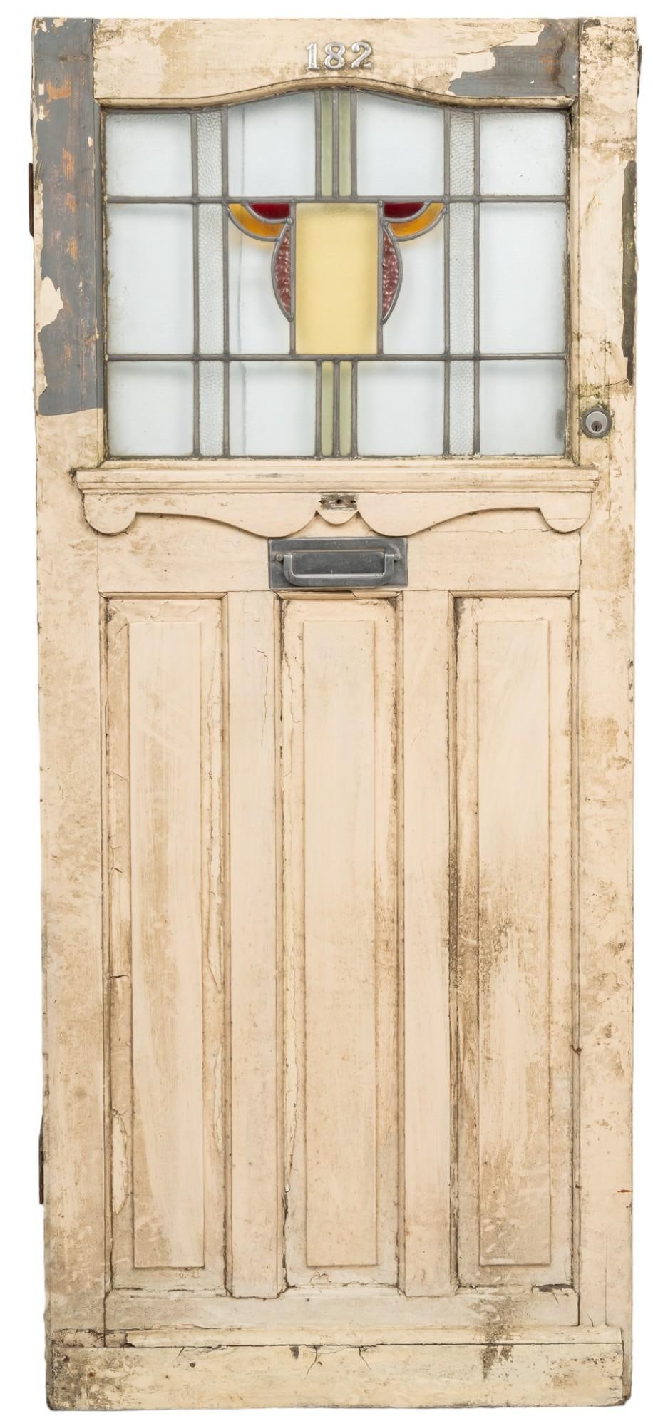 Stained Glass Door: Stained glass door with wooden frame, and metal hardware, including mail slot height 80 in. x width 34 in. x depth 2 in. Shipping available for this lot through our partner 4CL; please request a shipp