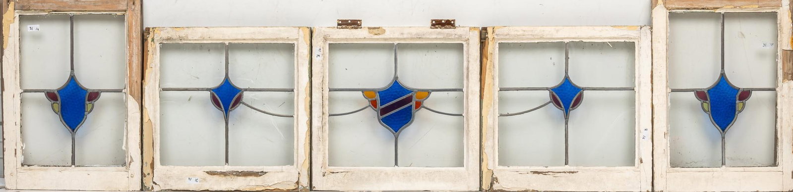 Set of (5) Stained Glass Panels: Set of five stained glass panels in wooden frames height 23.5 in. x width 17 in. x depth 2 in. / largest Shipping available for this lot through our partner 4CL; please request a shipping quote at shi
