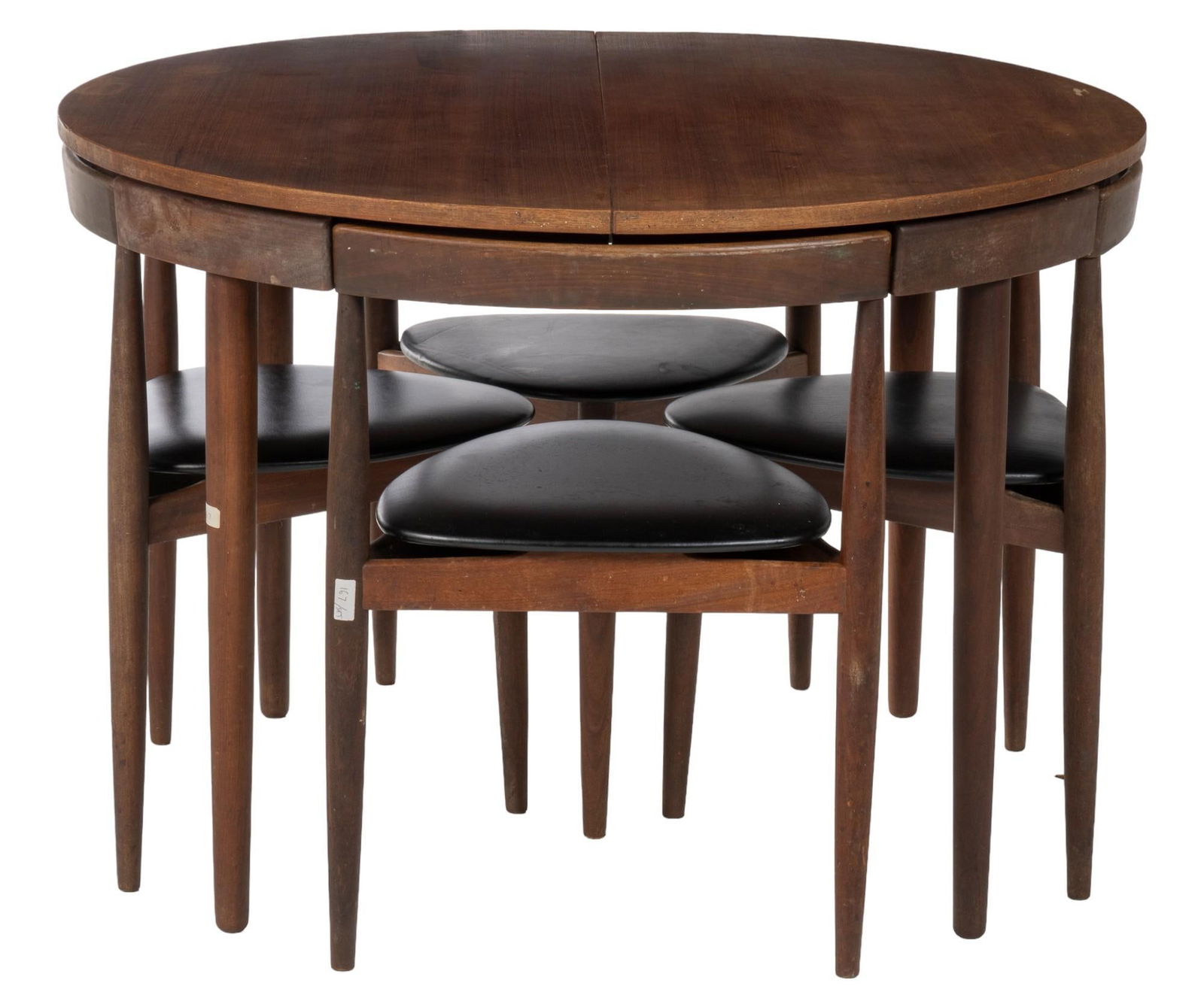 Hans Olsen (DNK) for Frem Rojle(DNK) Roundette Dining Set: Hans Olsen (Denmark) for Frem Rojle (Denmark) mid-century roundette dining set that includes one extending wooden table with circular top and pin legs, and four chairs with black leather seat and pin