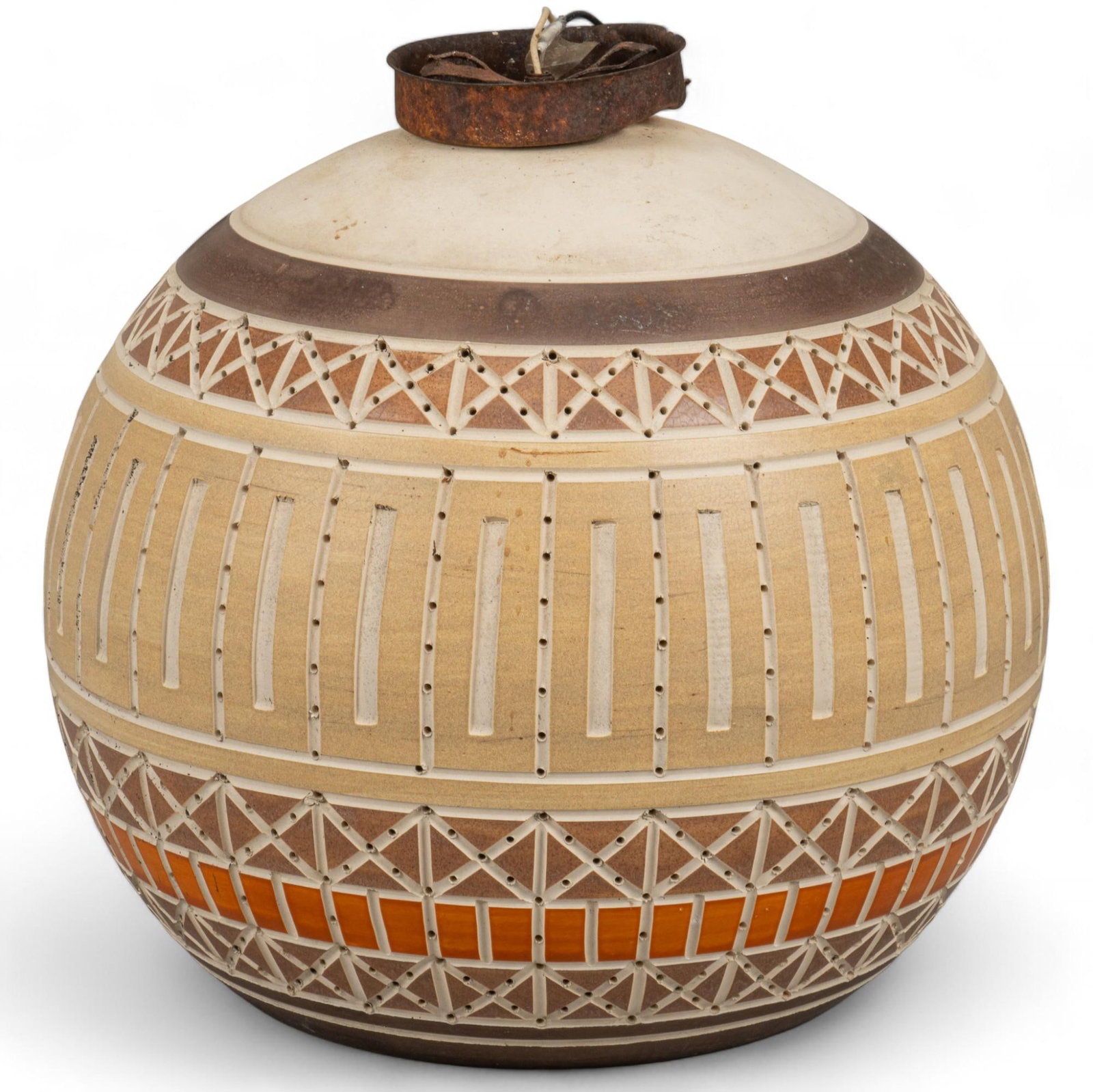 Beaumont Mood (San Antonio, TX) Light Fixture: Beaumont Mood (San Antonio, Texas) lighting fixture featuring spherical shape, perforated details, and neutral toned glazing height 16 in. x width 15 in. x depth 15 in. Shipping available for this l