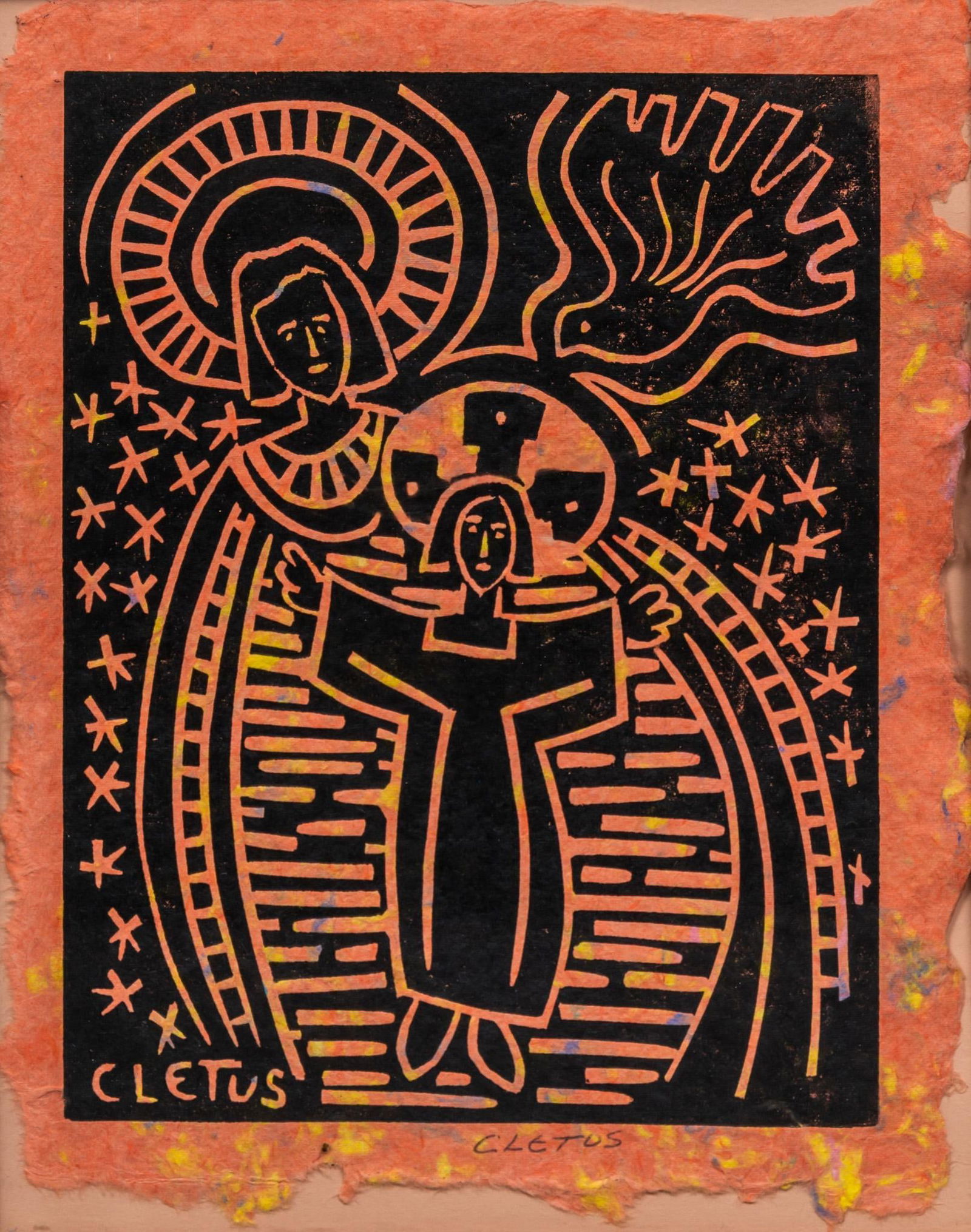 Brother Cletus Behlmann, Madonna and Child Woodblock: Brother Cletus Behlmann (San Antonio, Texas, 1933-2016), religious woodblock print depicting Madonna and Child with dove of the holy spirit, on paper also made by Cletus sight: 8 x 6.5 in., frame: 11