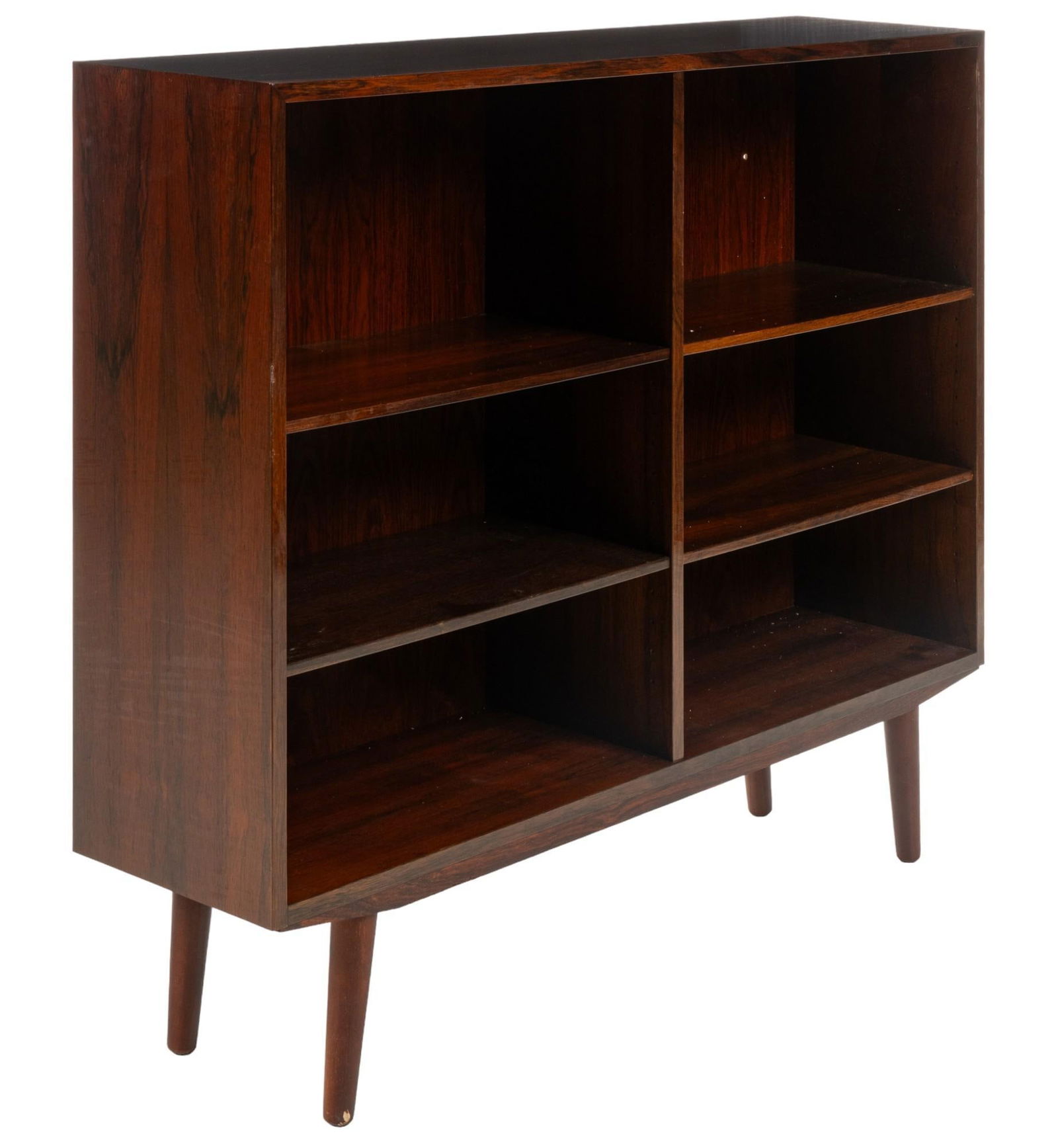 Omann Jun (DNK) Mid-Century Bookshelf: Omann Jun (Denmark) Model 9 mid-century open bookshelf featuring divided left and right half each featuring pair of adjustable shelves, supported on splayed pin legs, marked on back with foil sticker