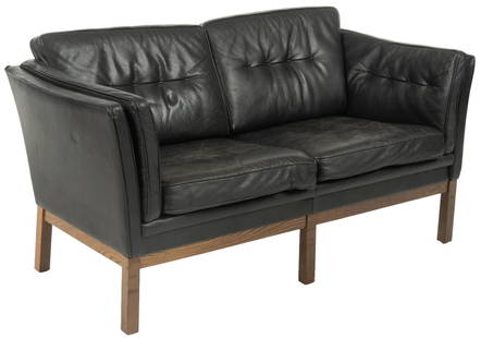 Skipper's Furniture (DNK) Leather Sofa: Skipper's Furniture (Denmark) mid-century sofa / love seat with wooden frame, cushioned seats clad in black leather, supported on block legs, marked under cushions height 32 in. x width 60 in. x