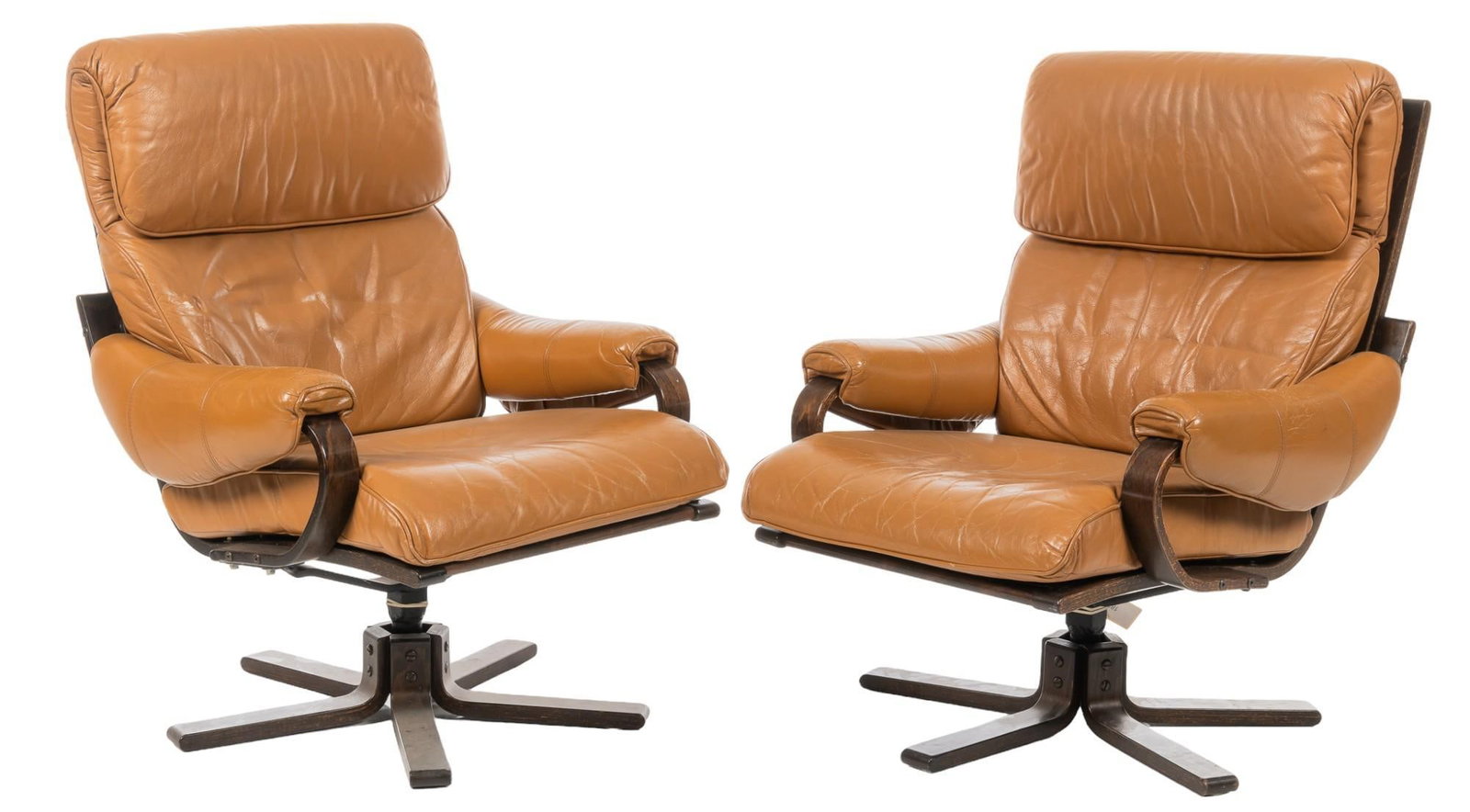 Pair of Danish Mid-Century Leather Bentwood Lounge Chairs: Pair of Danish mid-century leather bentwood lounge chair features brown leather cushions and arm rests, bentwood base height 41 in. x width 30 in. x depth 29 in. Condition: Minor cracking to leather o
